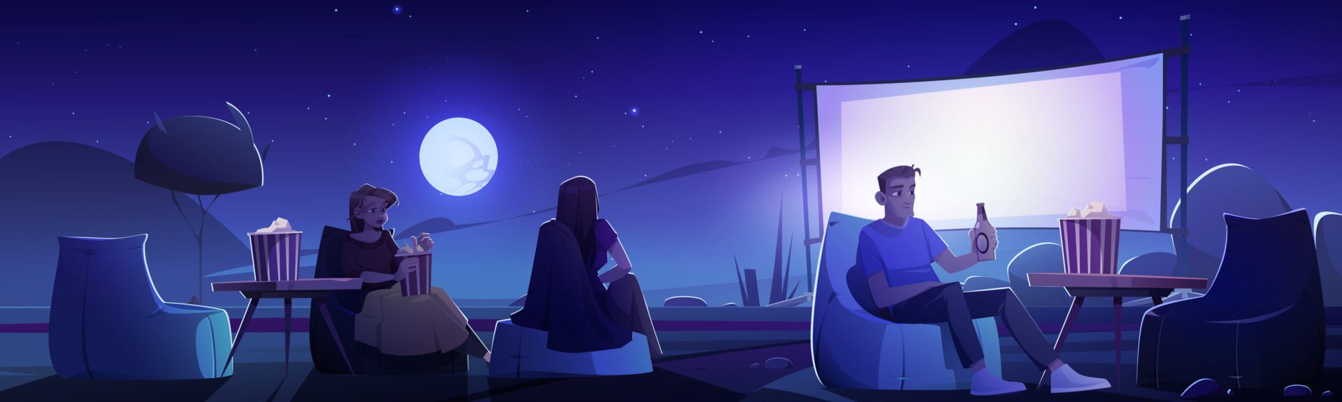 People relax in outdoor cinema at night landscape Free Vector