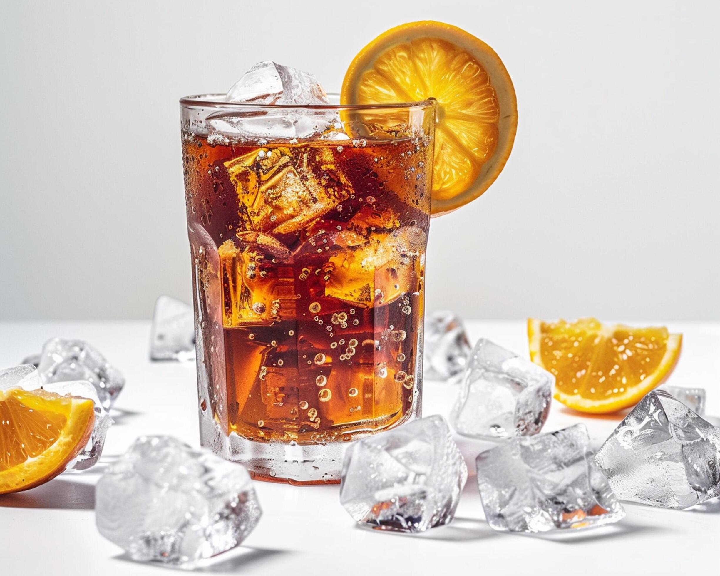 a glass of iced tea with ice cubes Stock Free