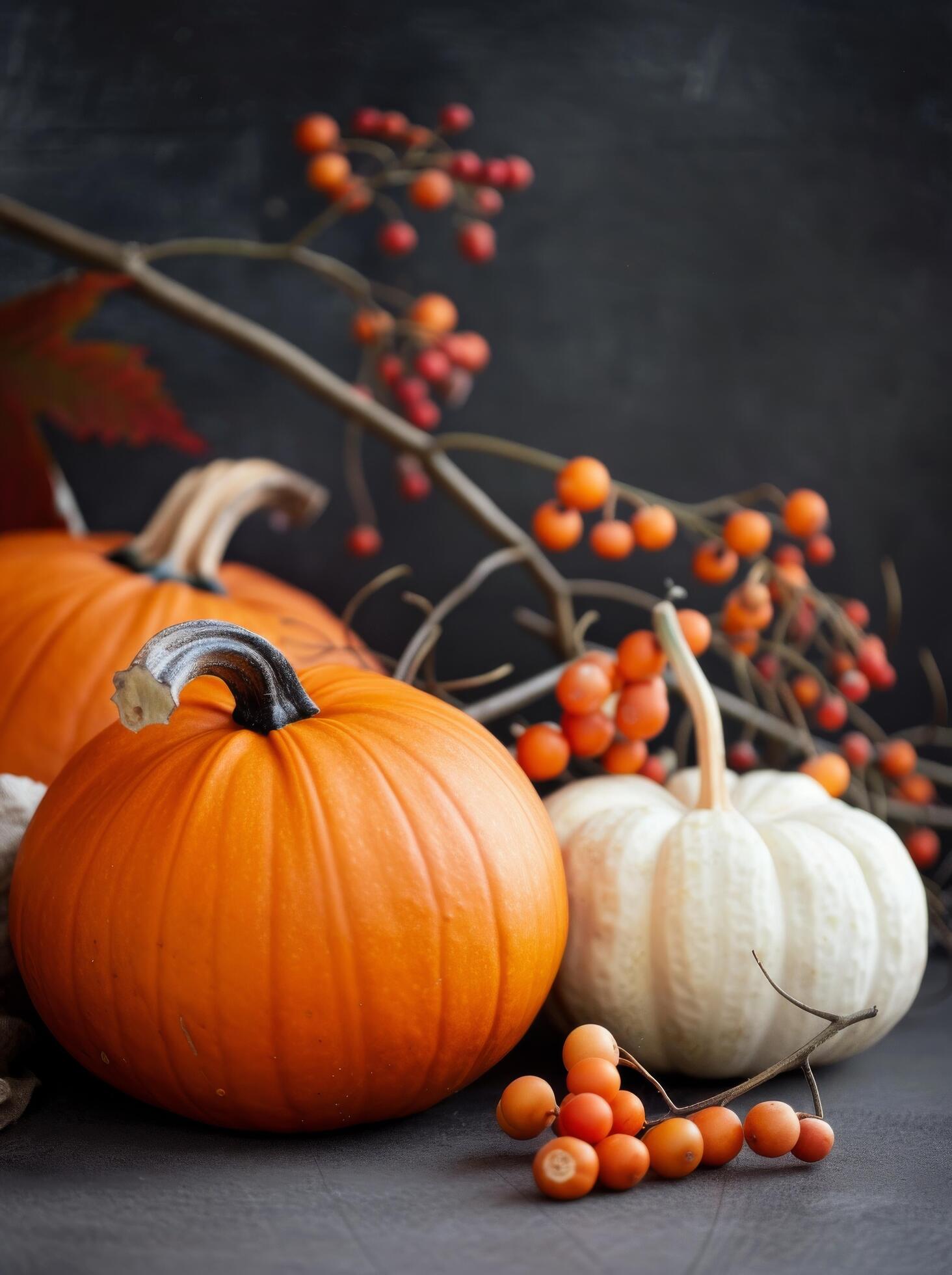 Autumn Pumpkins Against Grey Background Stock Free