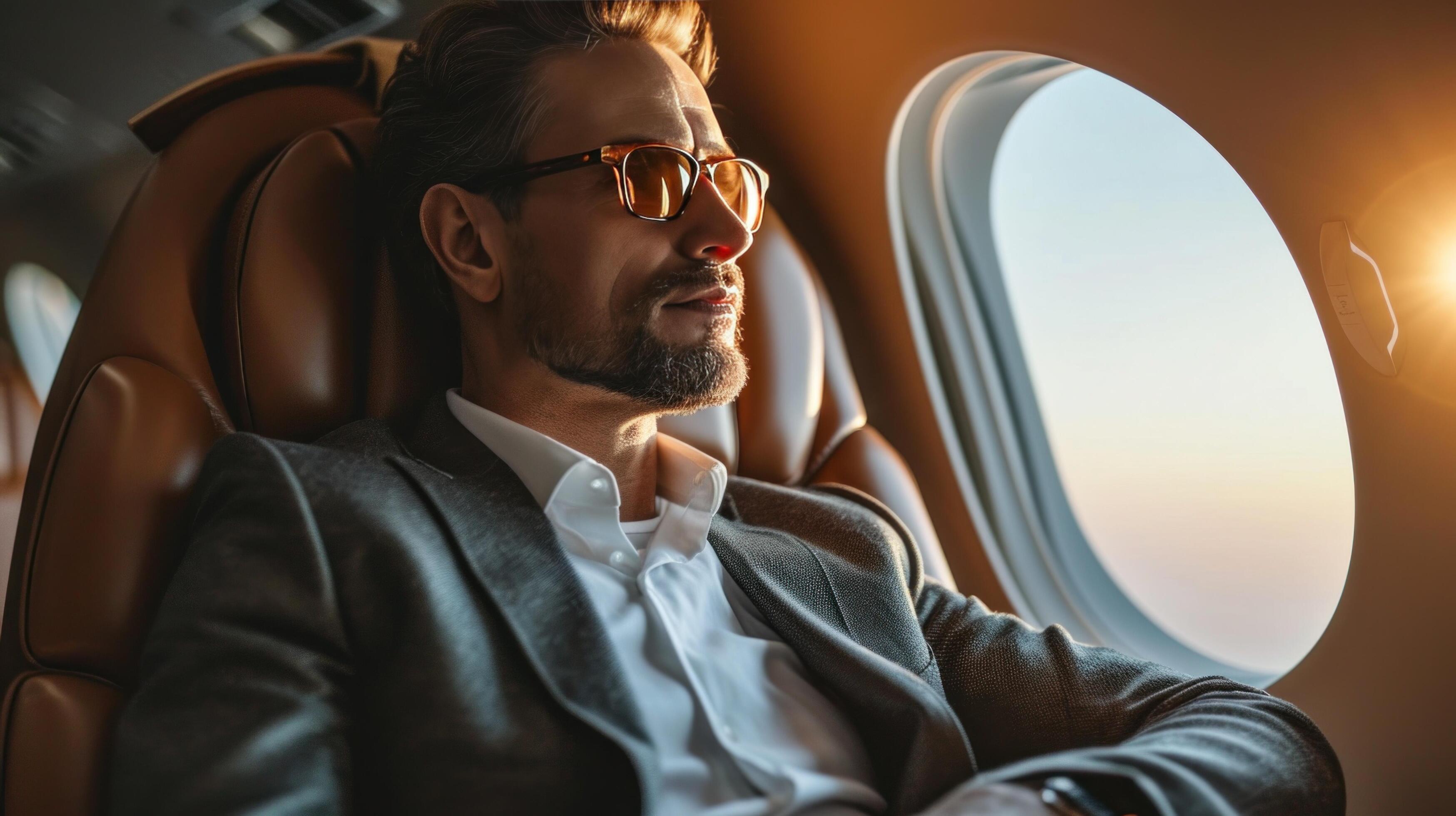 AI generated elegant business man sitting in luxury business jet Stock Free