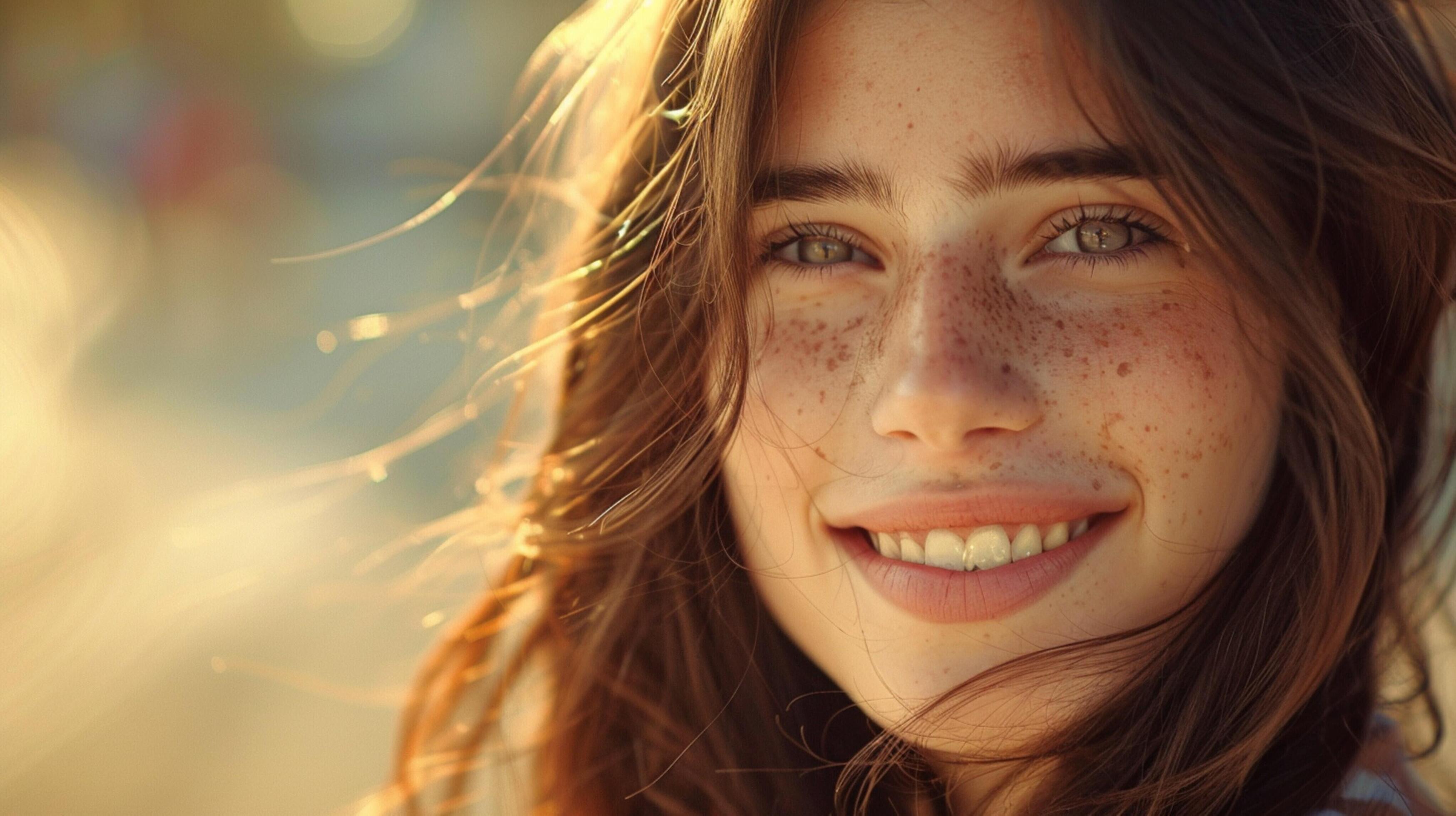 young woman with long brown hair smiling Stock Free