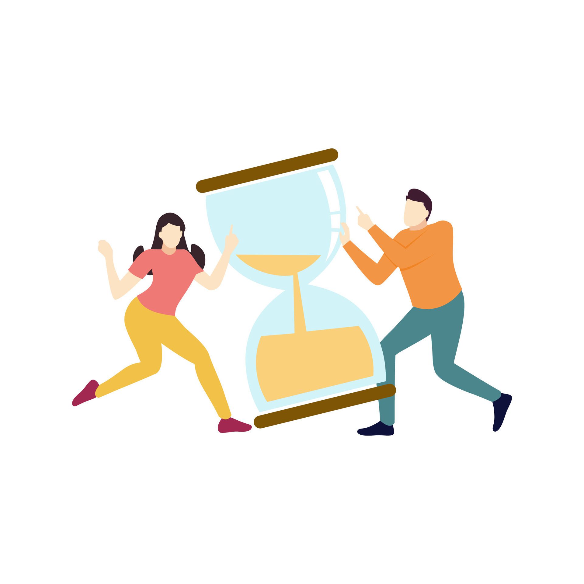 Man and woman pointing to large sand clock Time management people character flat design vector illustration Free Vector and Free SVG