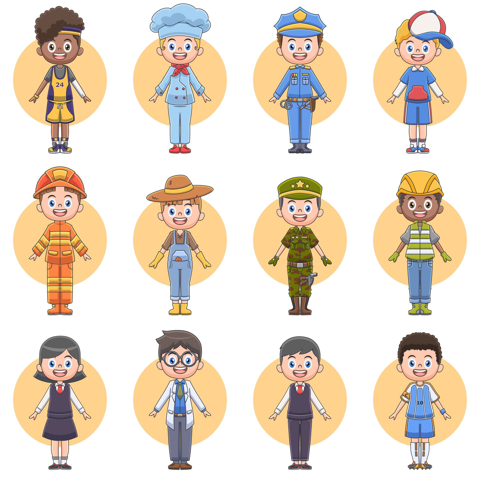 Bundle cute cartoon characters of various professions Free Vector