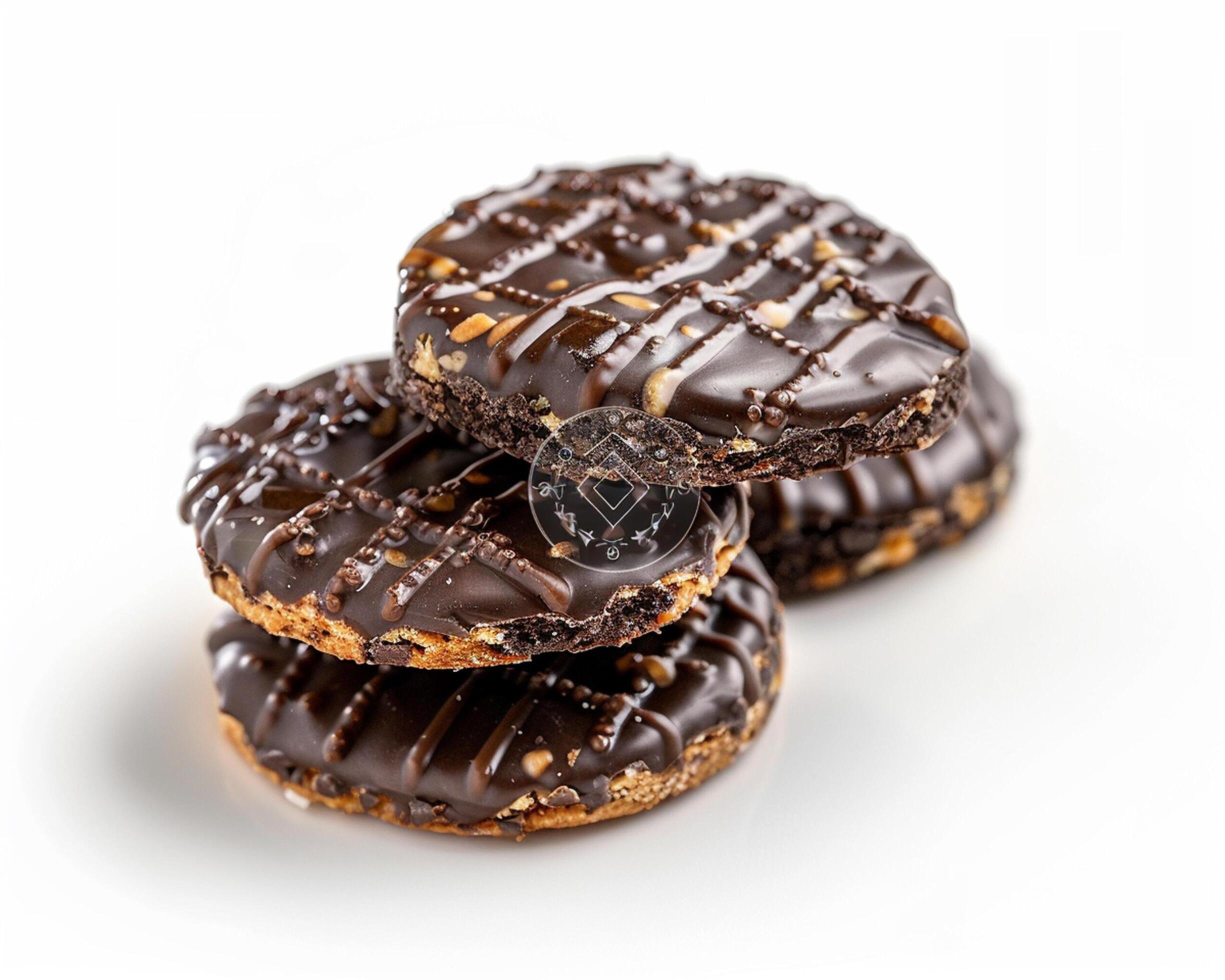 three chocolate covered cookies on a white background Stock Free