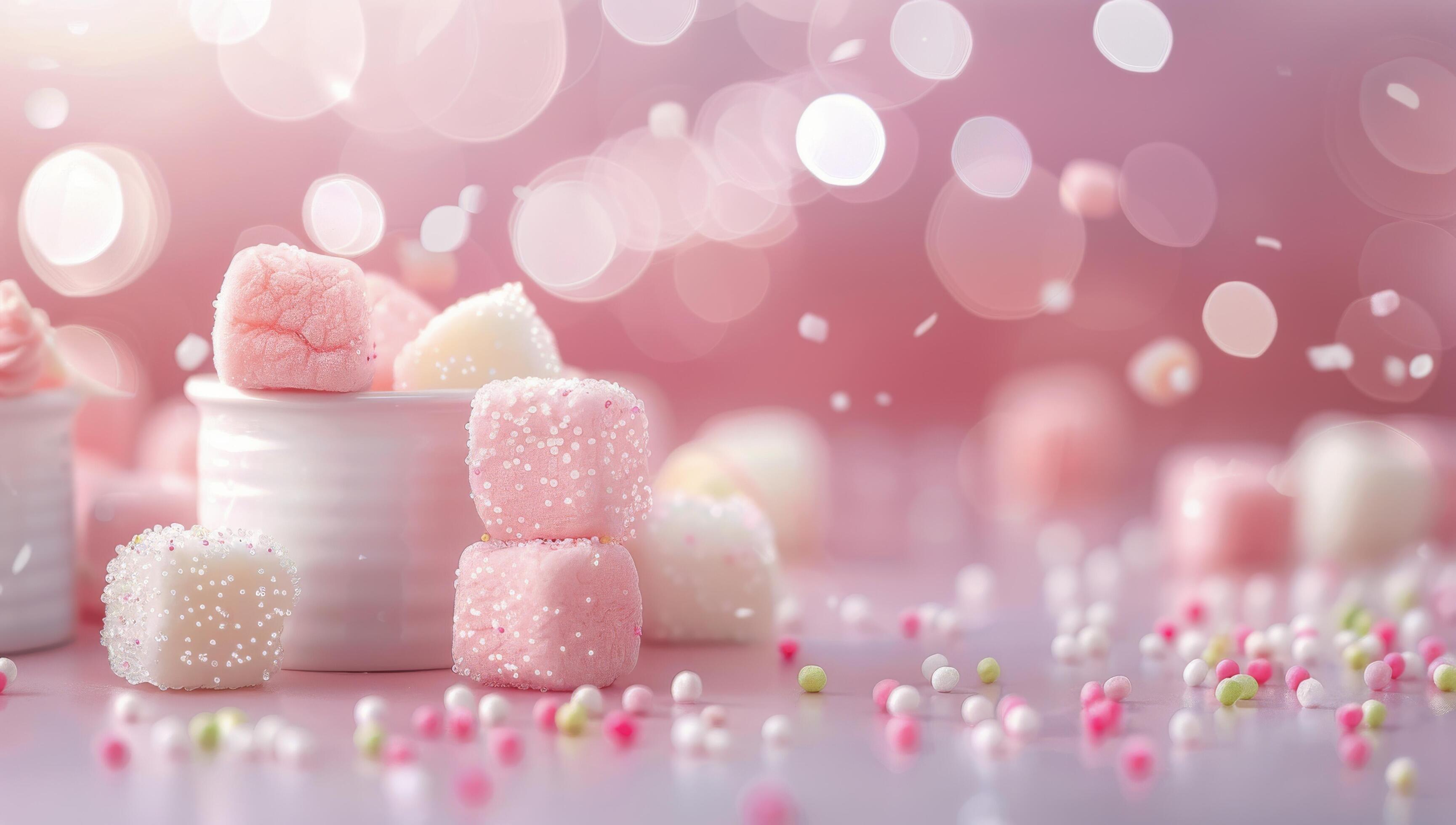 Pastel Marshmallows and Sprinkles on Pink Background Stock Free