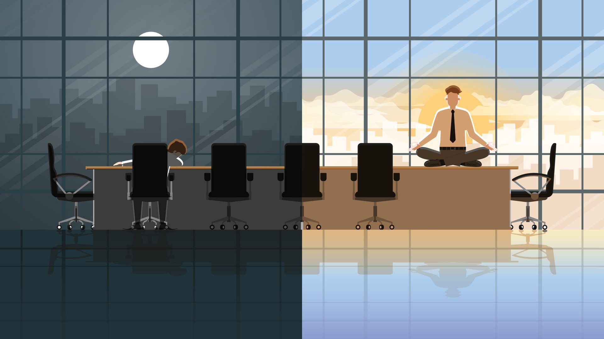 Overnight serious office people sleep in conference room at night Free Vector