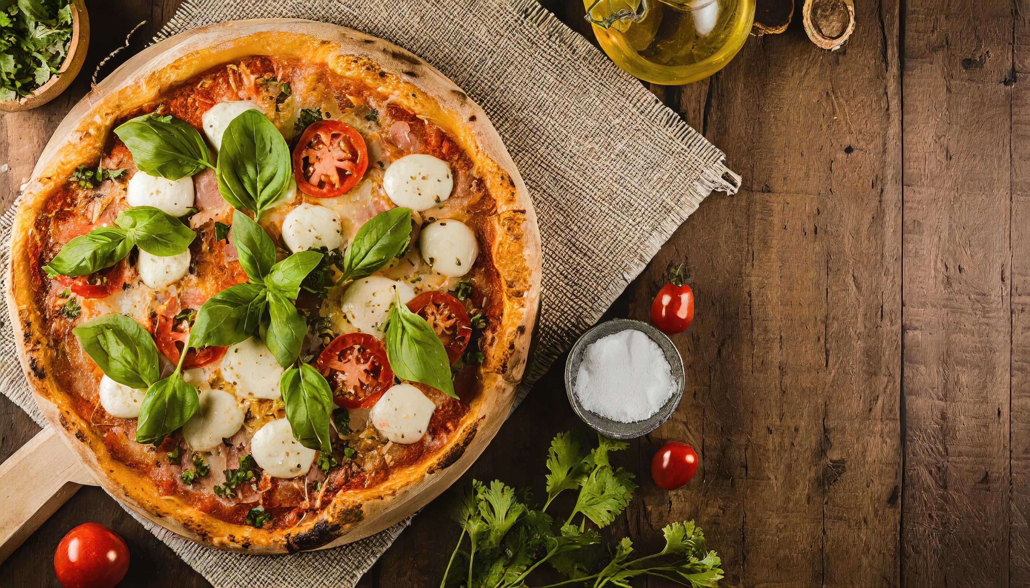 Copy Space image of Pizza Margherita on wooden background, Pizza Margarita with Tomatoes, Stock Free