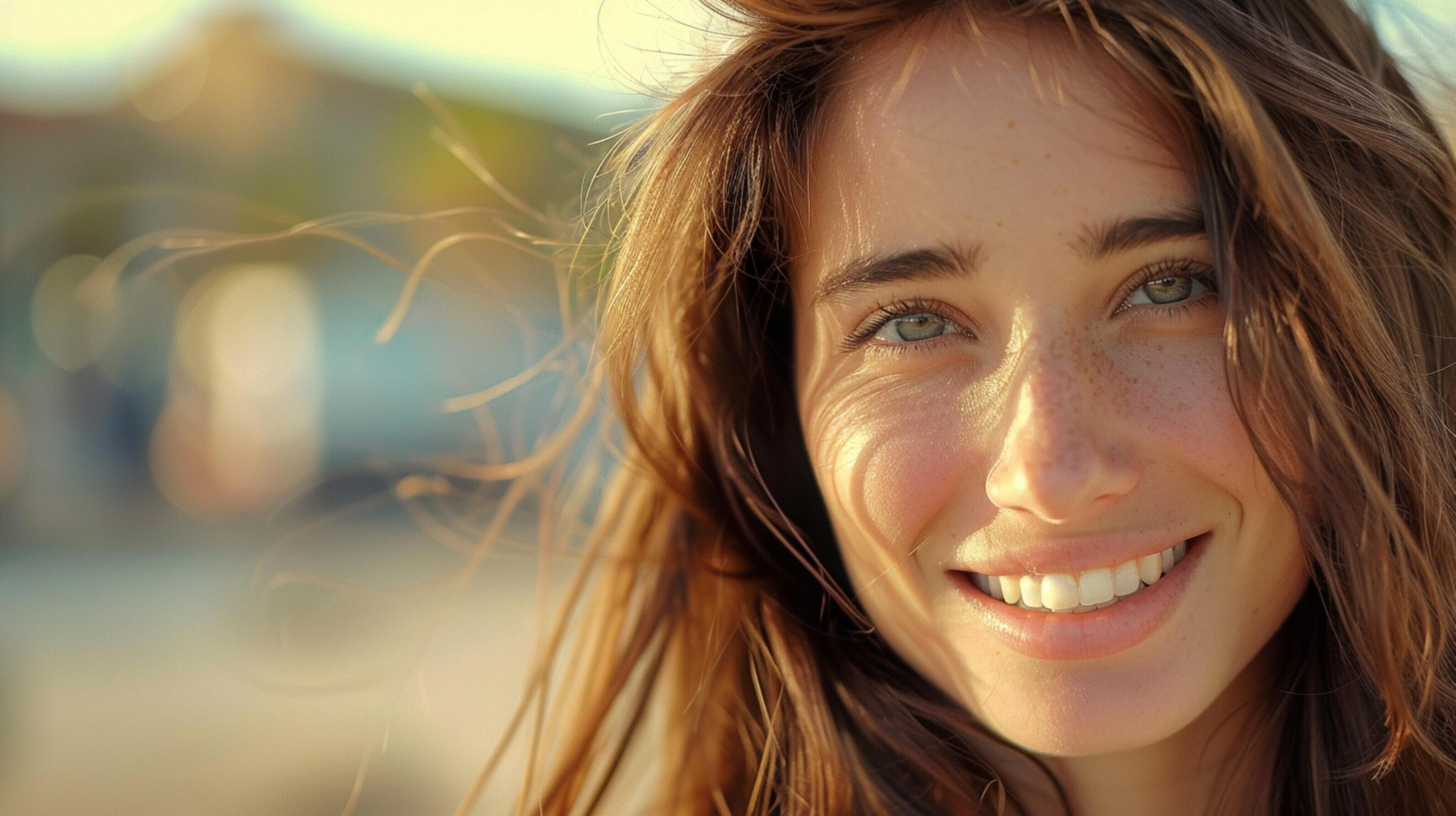 young woman with long brown hair smiling Stock Free