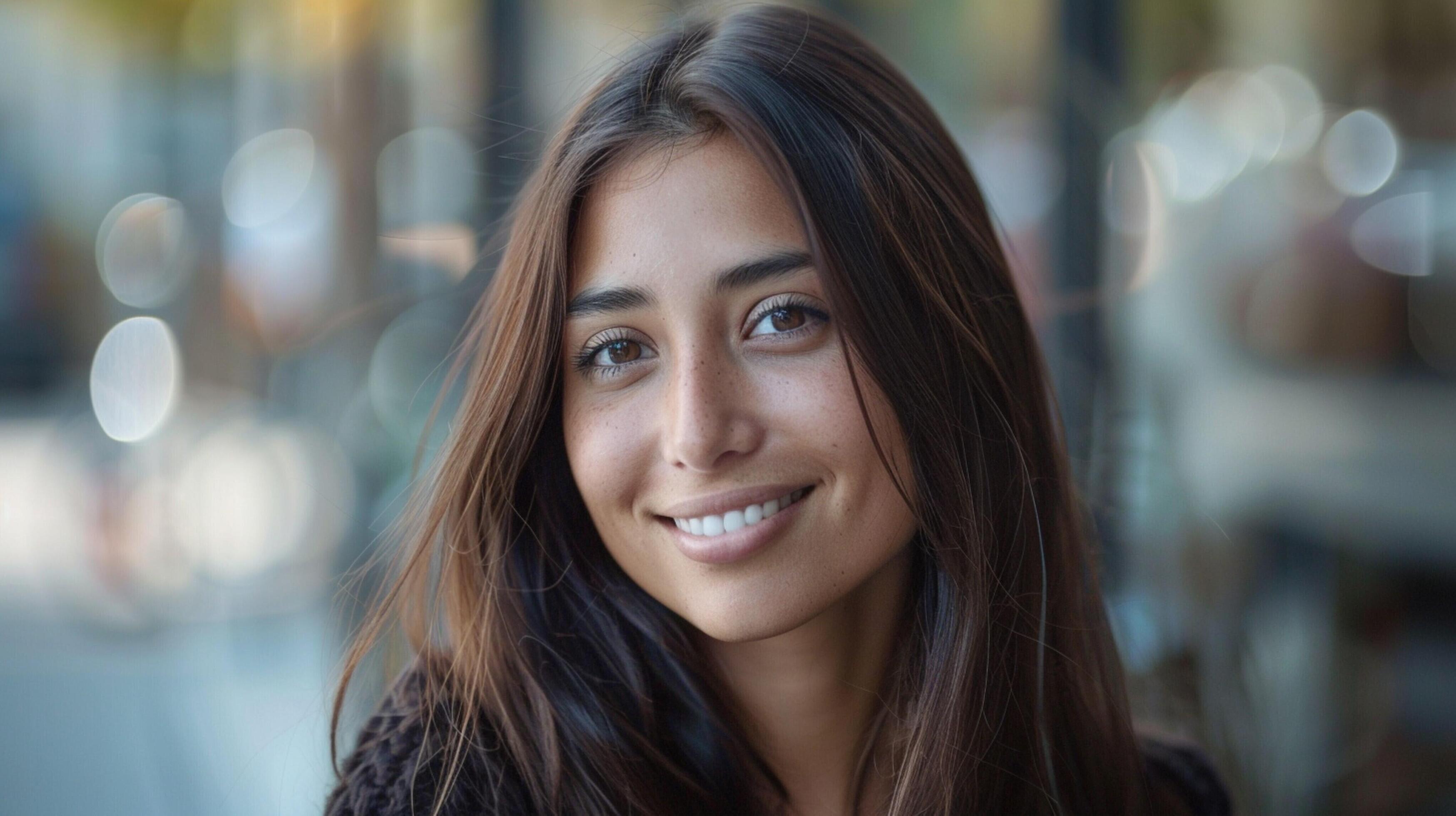 young woman with long brown hair smiling Stock Free