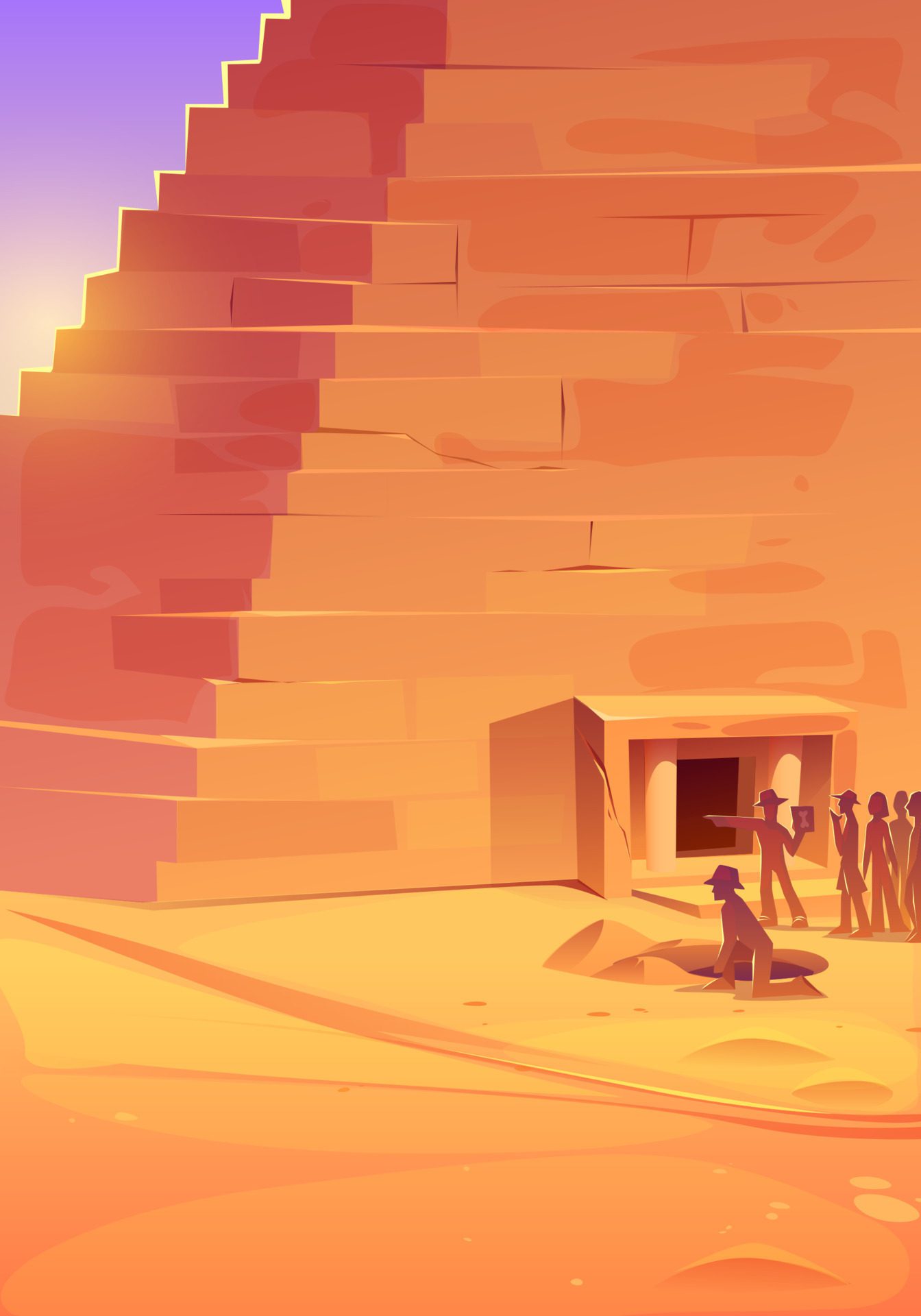 Egypt pyramid in desert and people group at door Free Vector