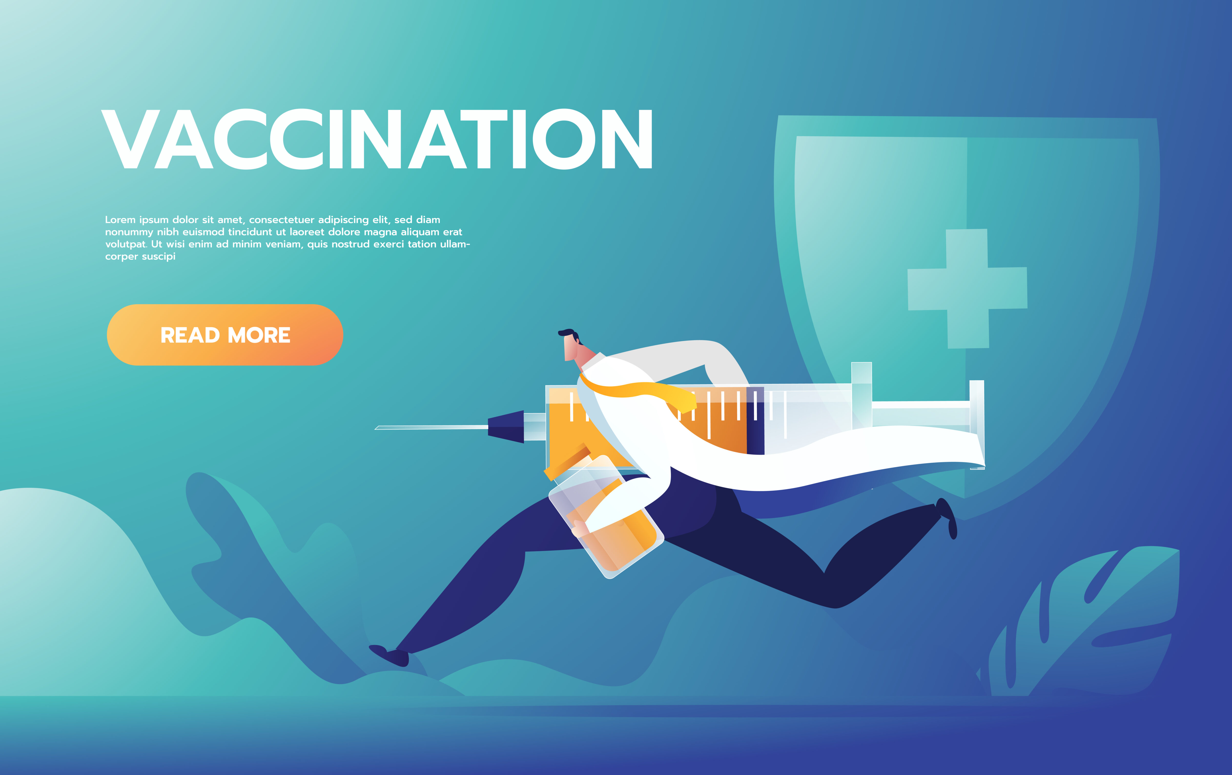 Doctor runs with syringe. Vaccination against virus, needle and drug, vector illustration. Free Vector