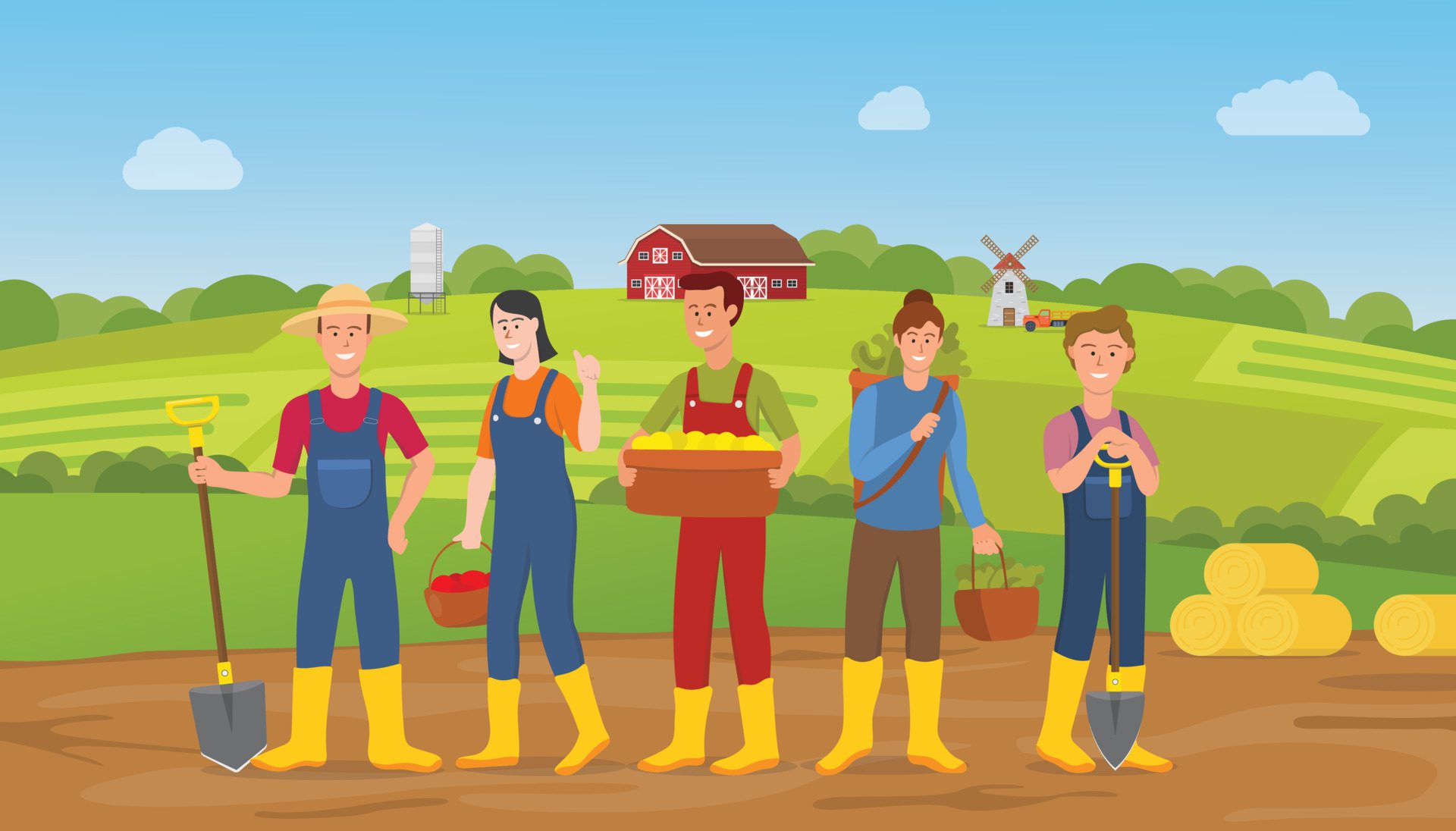 farmer people character team man and woman with farm land landscape background with modern flat style Free Vector and Free SVG