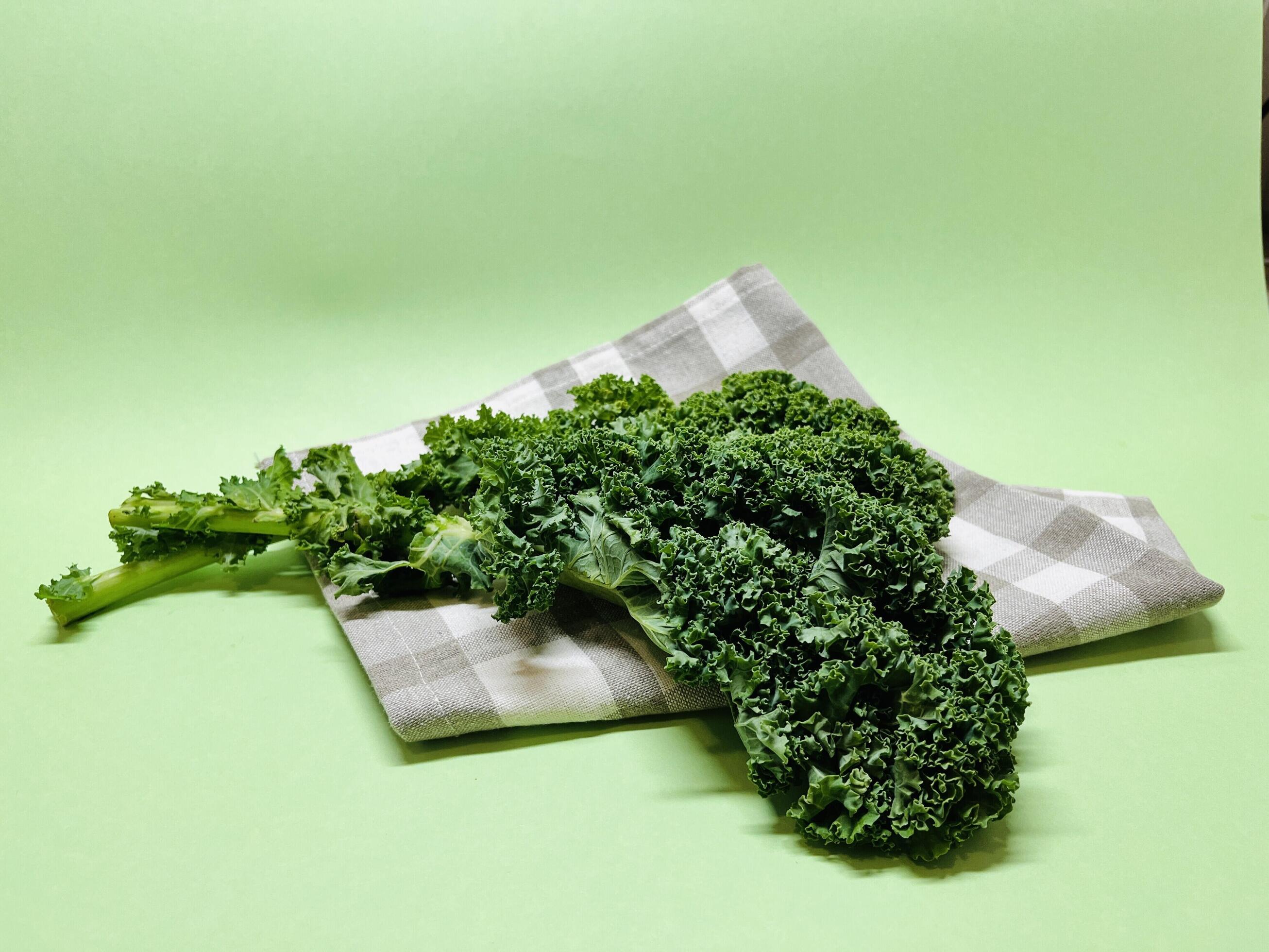 Kale leaf salad vegetable isolated on green background. Creative layout made of kale closeup. Food concept. Stock Free