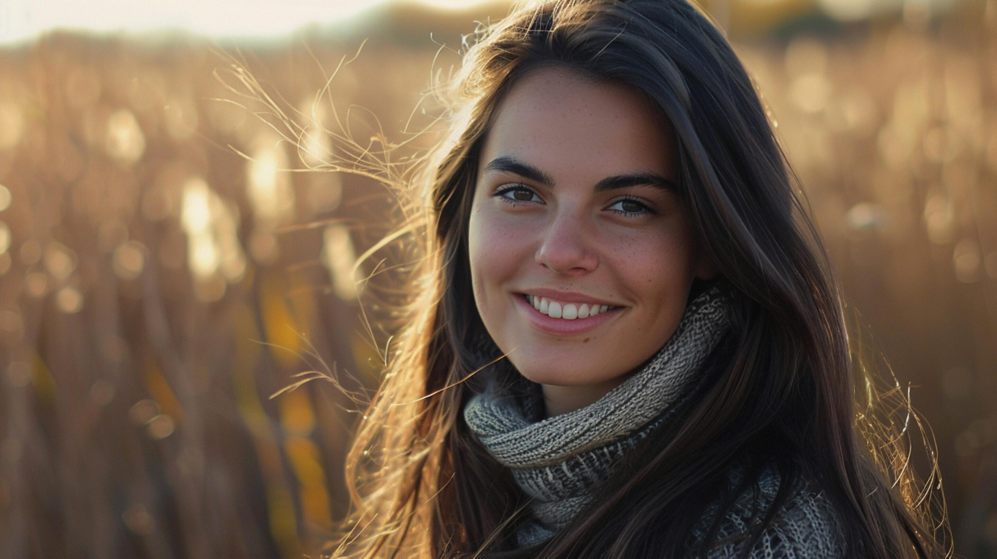 young woman with long brown hair smiling Stock Free