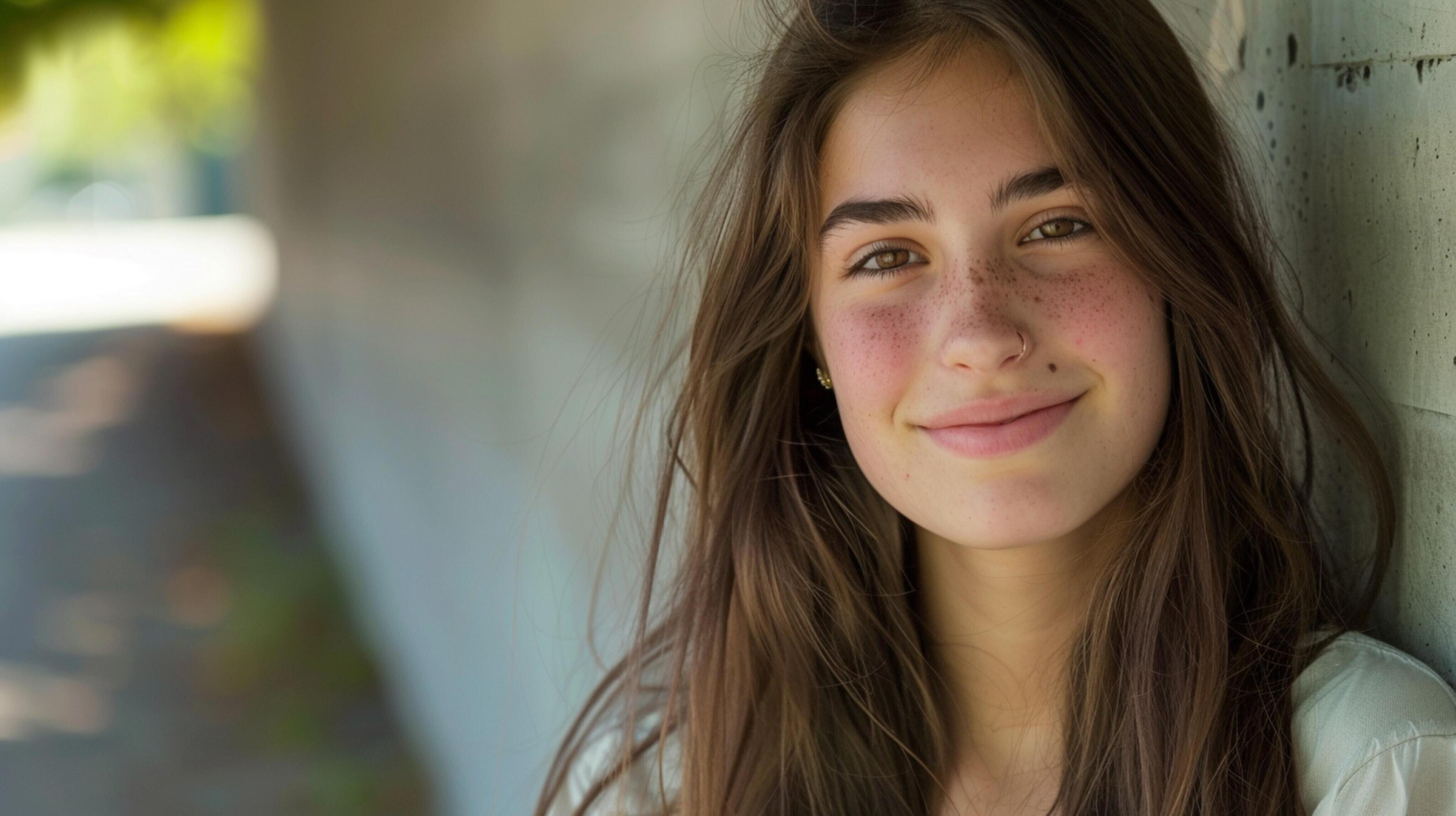 young woman with long brown hair smiling Stock Free