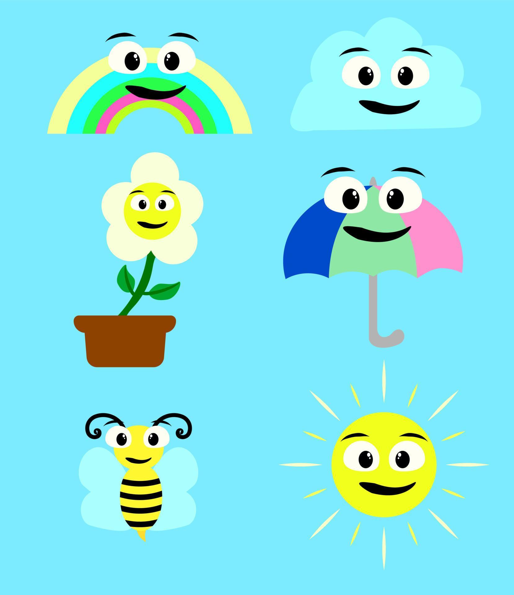 Weather emoticon flat icon set. Cartoon rainbow, cloud, sun, bee and flower. Stock Free