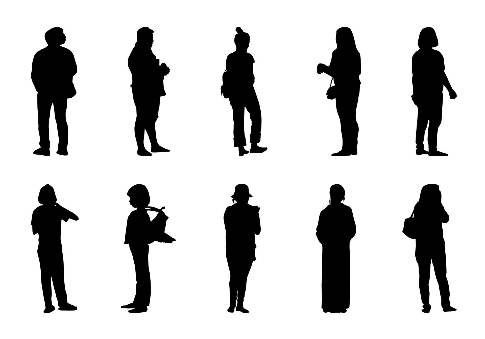 Silhouette people stand set, Black men and women vector on white background Free Vector