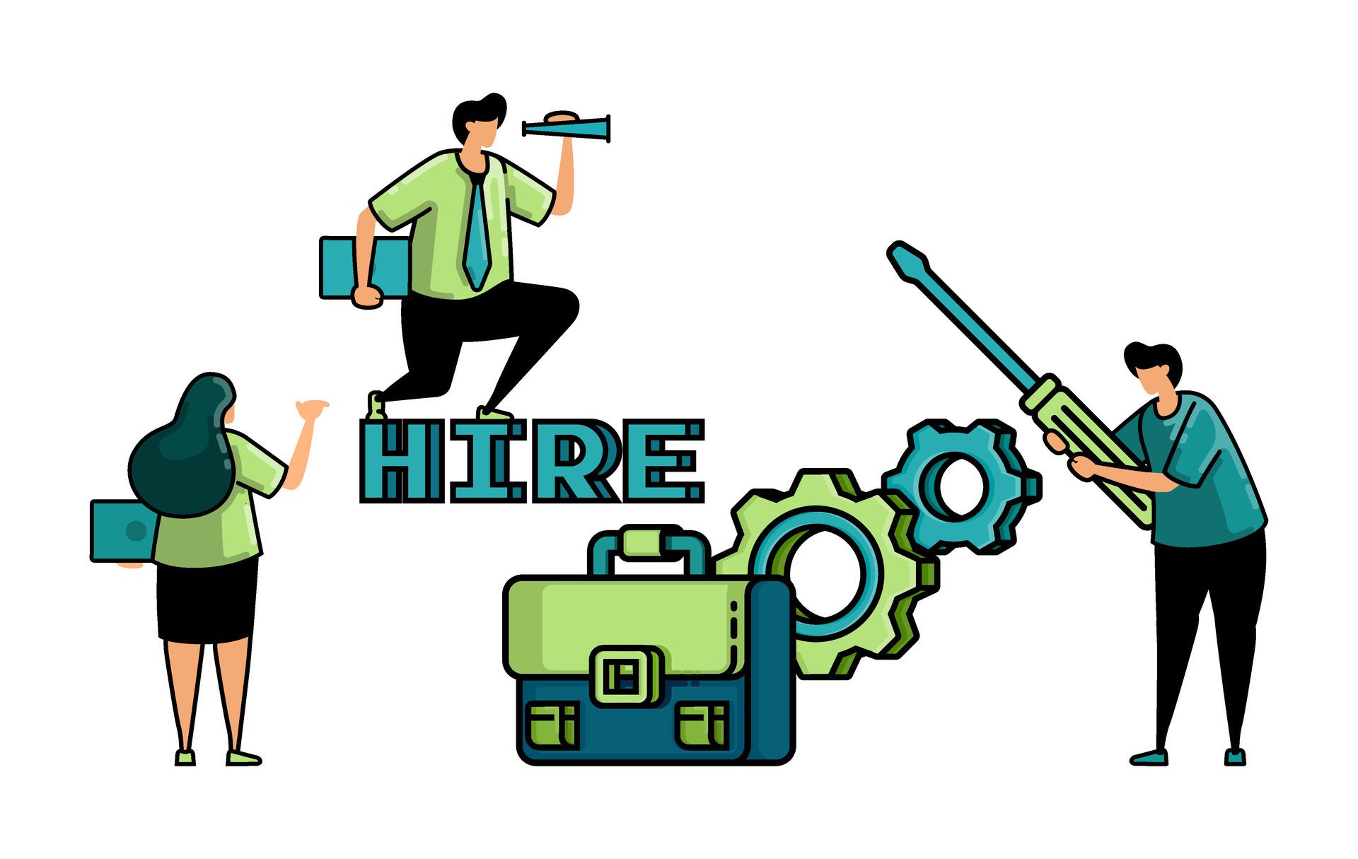 illustration of hiring with the words hire and People circle briefcases on cogwheels to apply for vocational and engineering jobs Free Vector