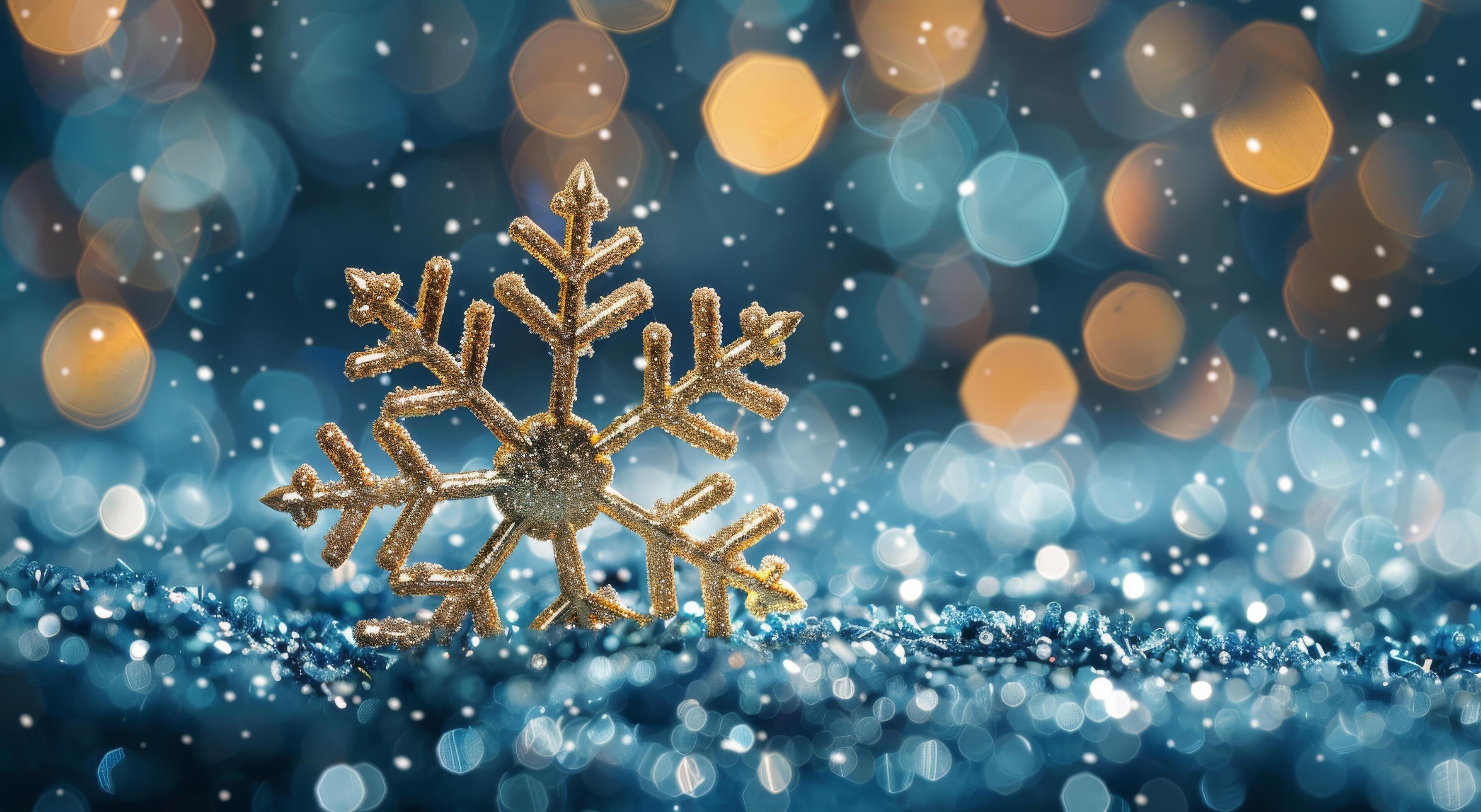 Golden Snowflake Ornament on Blue Sparkle Background Stock Free