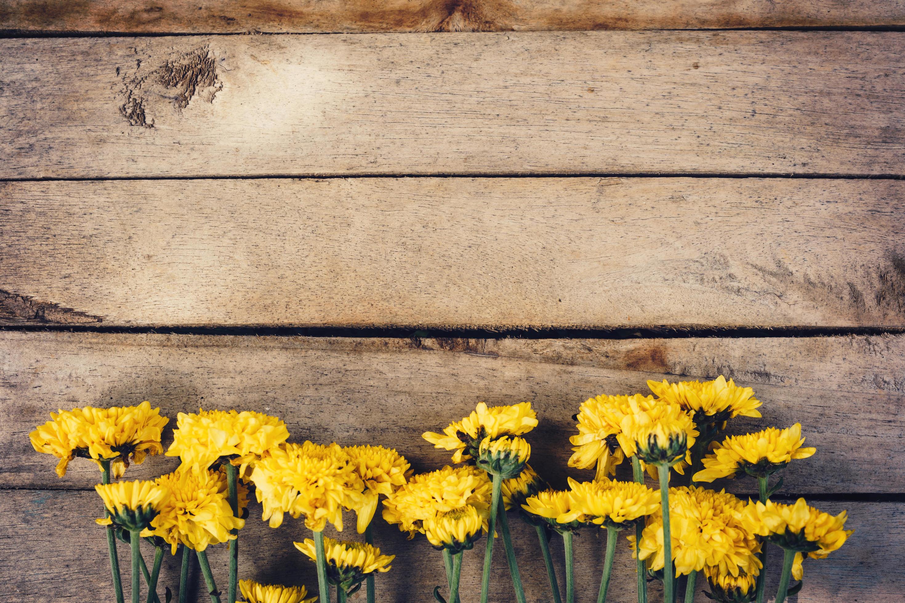 Yellow flowers of bouquet, top view on wooden background texture with copy space Stock Free