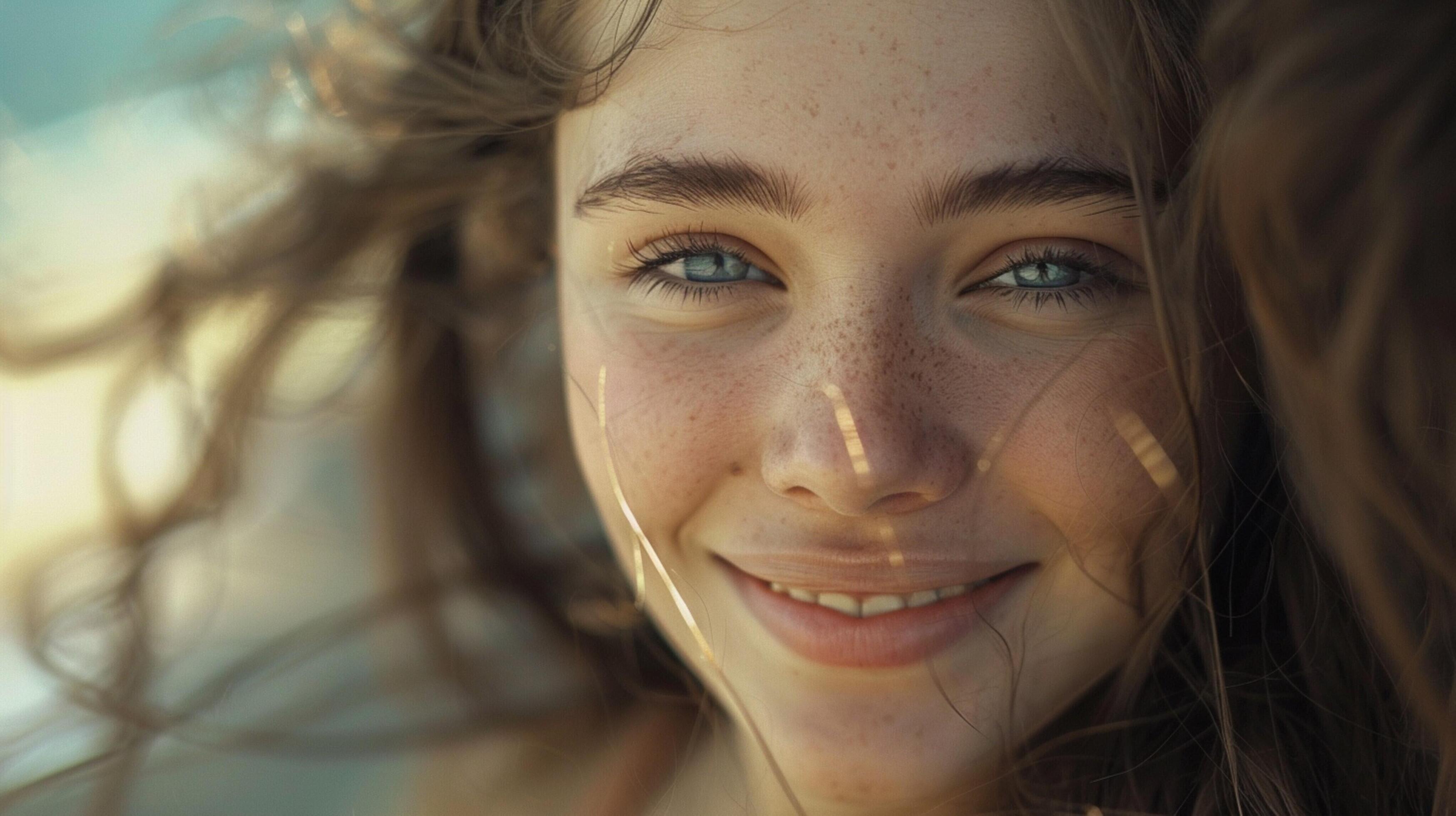 young woman with long brown hair smiling Stock Free