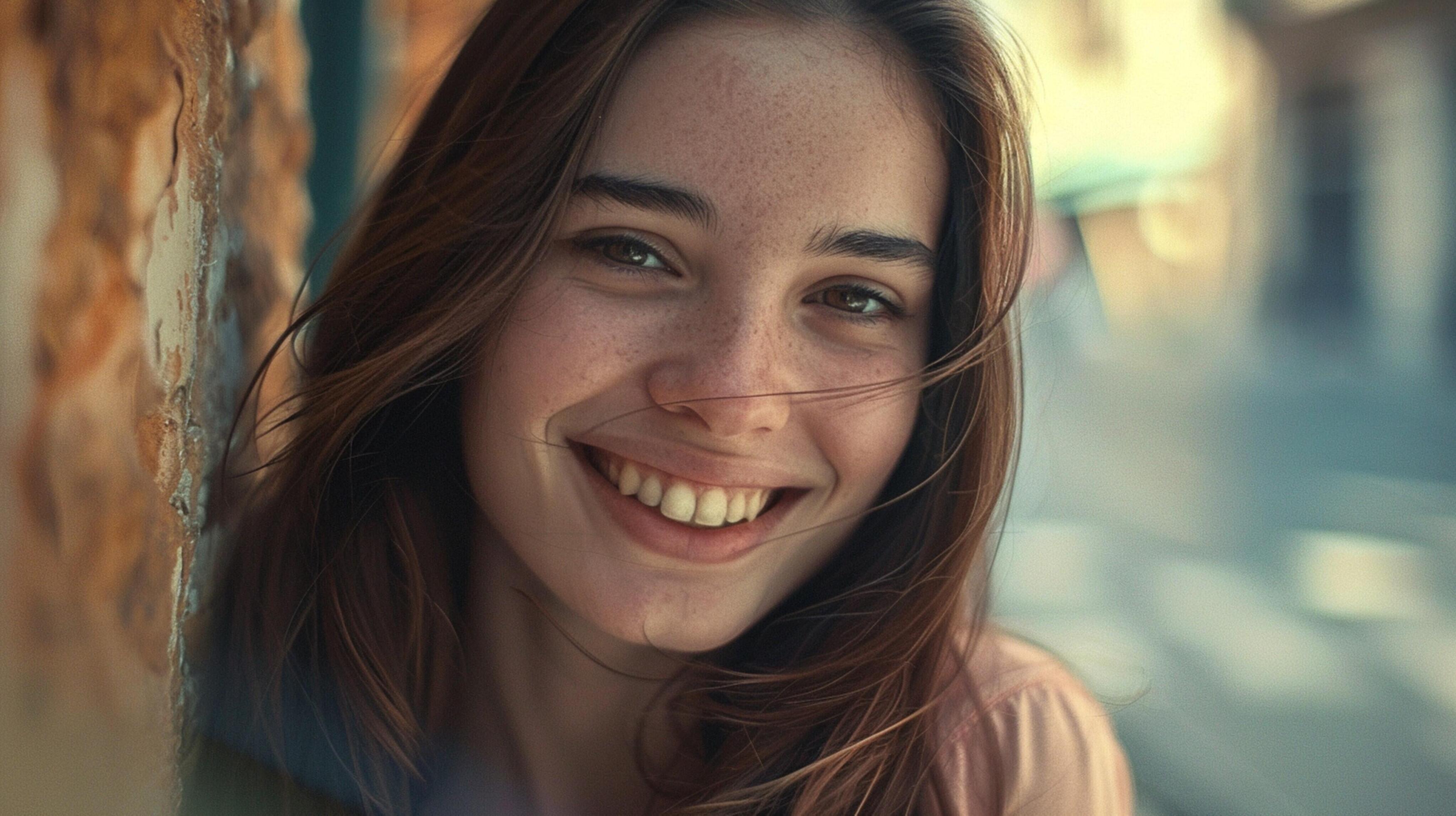 young woman with long brown hair smiling Stock Free