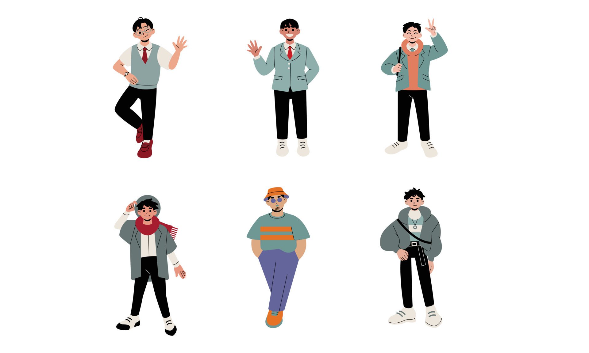 Set of people in winter clothes. Flat style vector illustration isolated on white background. Free Vector