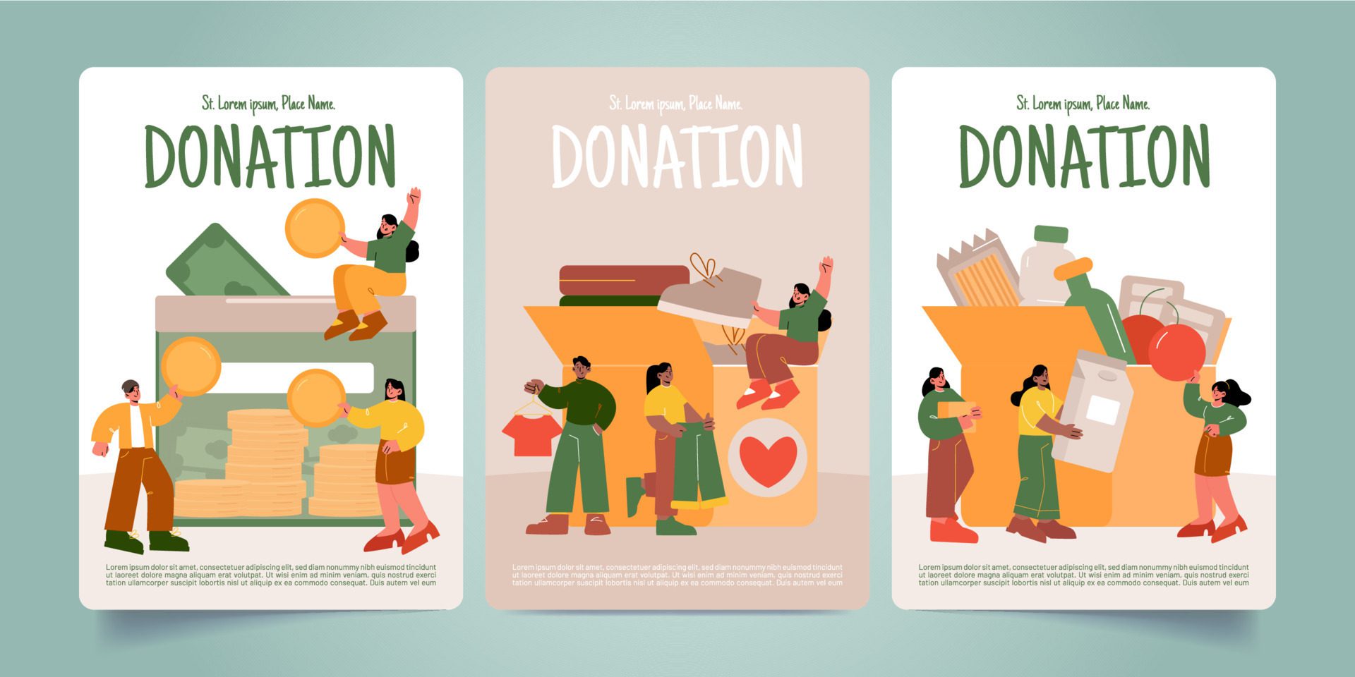 Donation posters with people donate food, money Free Vector