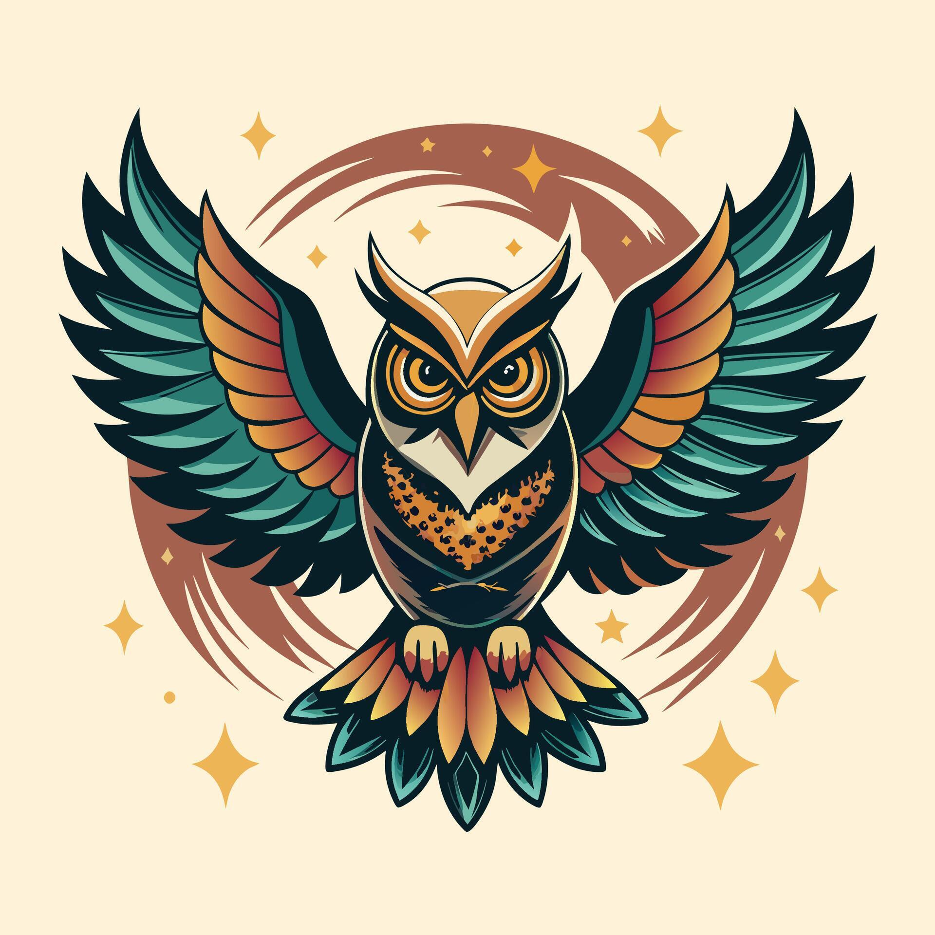 Owl with wings and stars in the background. Vector illustration. Stock Free