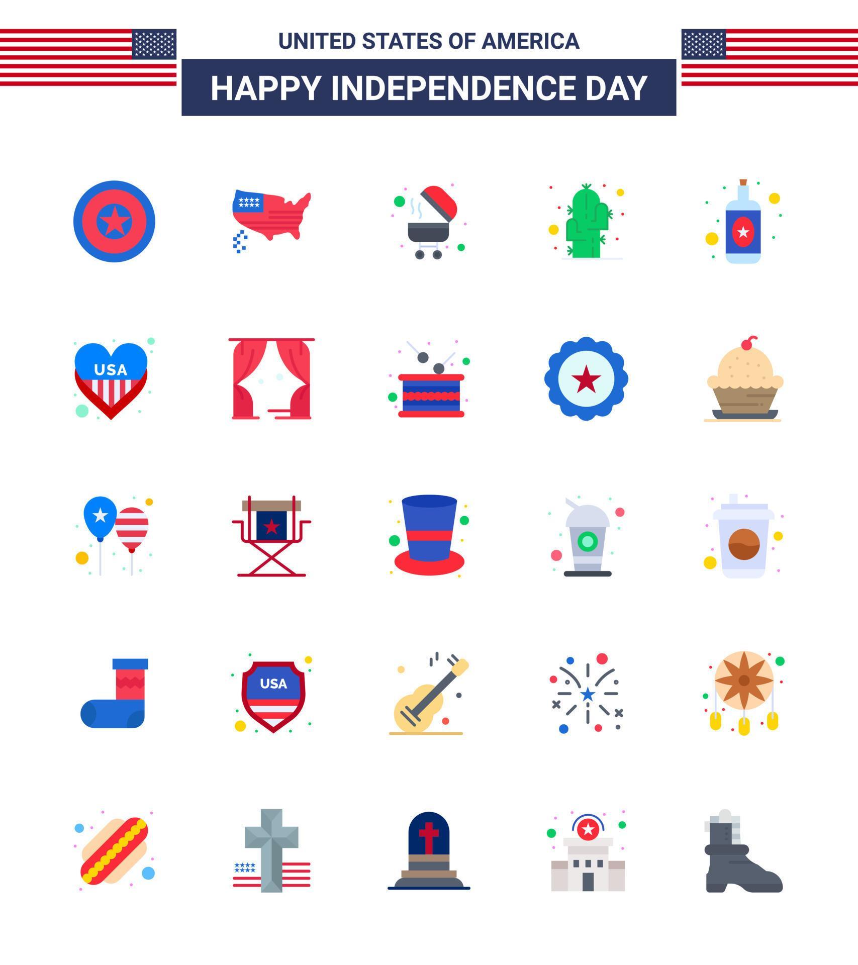 Big Pack of 25 USA Happy Independence Day USA Vector Flats and Editable Symbols of wine alcohol barbecue desert flower Editable USA Day Vector Design Elements Stock Free