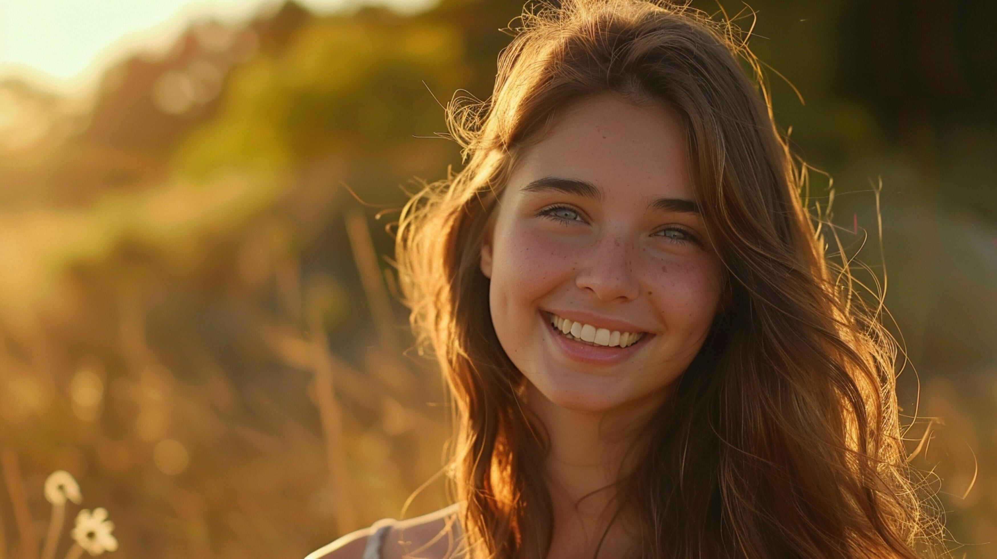 young woman with long brown hair smiling Stock Free