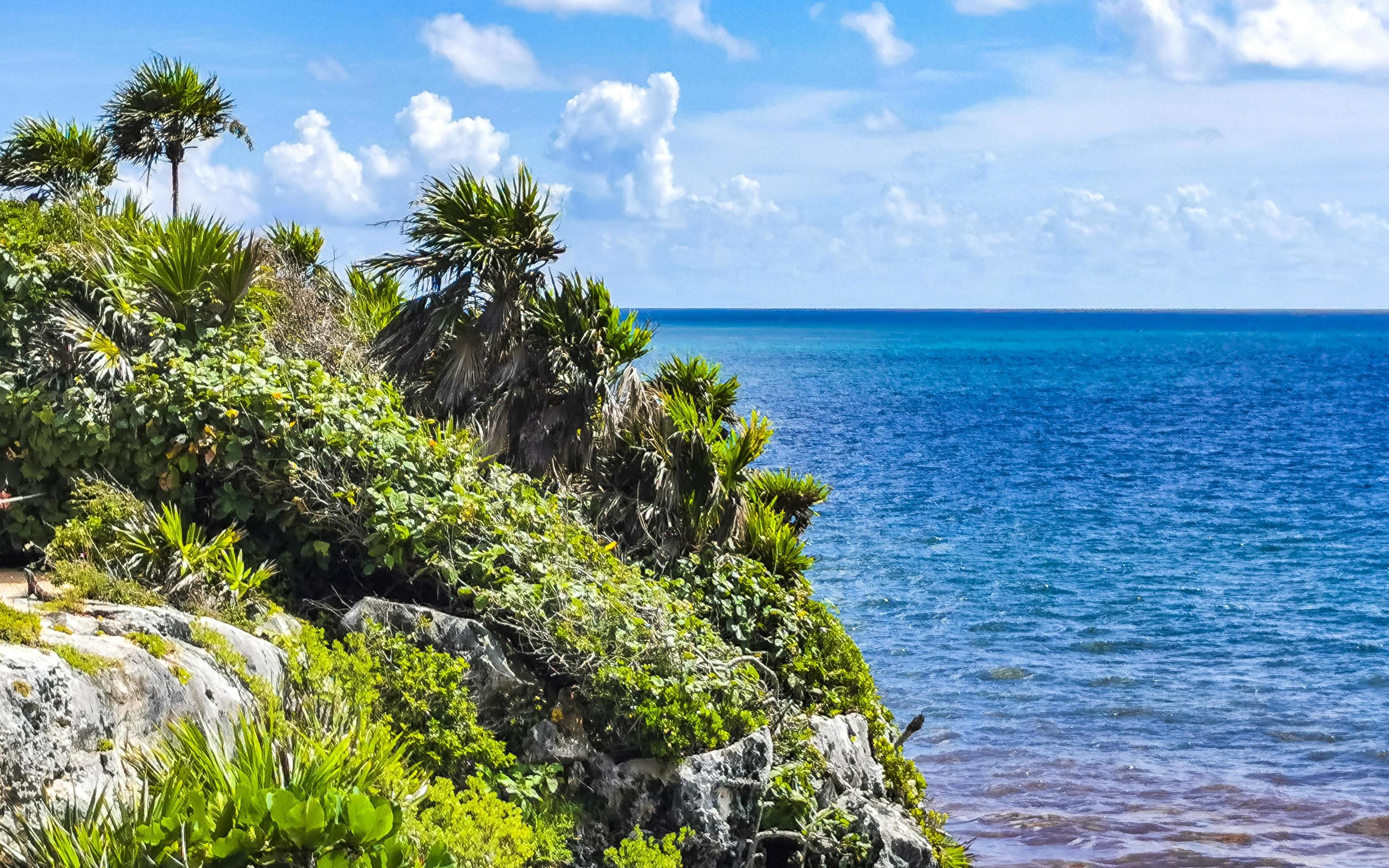 Natural seascape panorama view Tulum ruins Mayan site temple Mexico. Stock Free