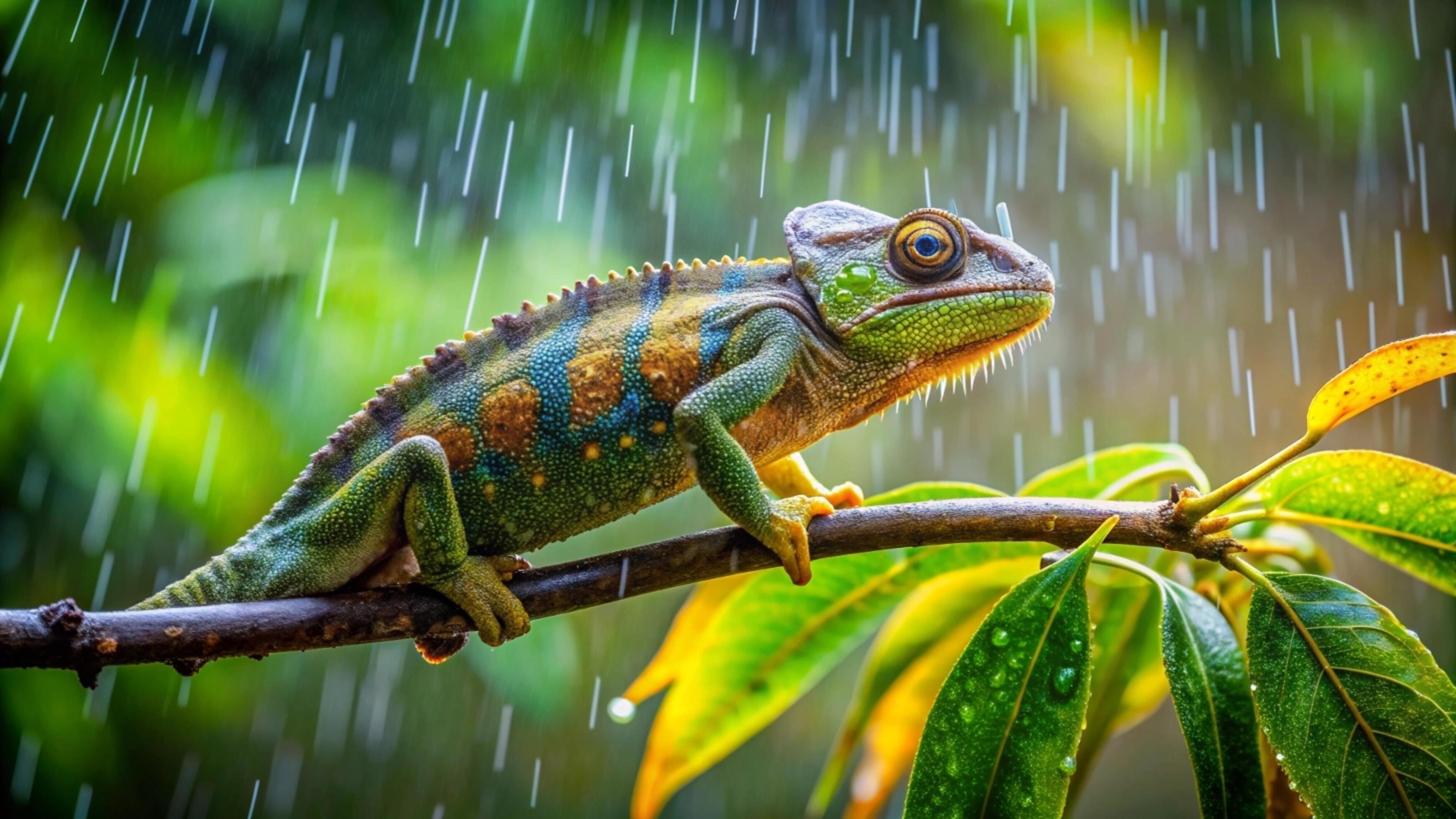 A vibrant chameleon camouflaging against a lush green forest background. Stock Free