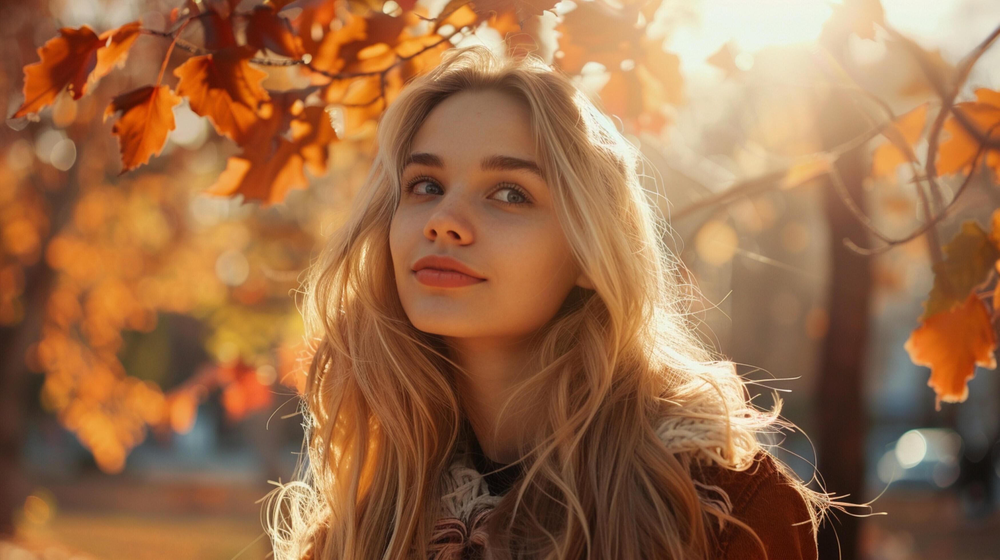 young woman with long blond hair enjoying autumn Stock Free