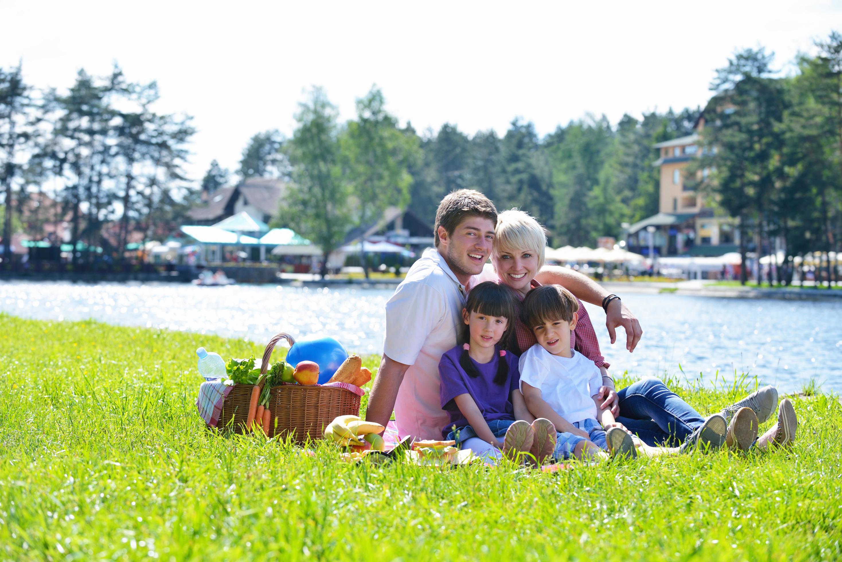 Happy family playing together in a picnic outdoors Stock Free