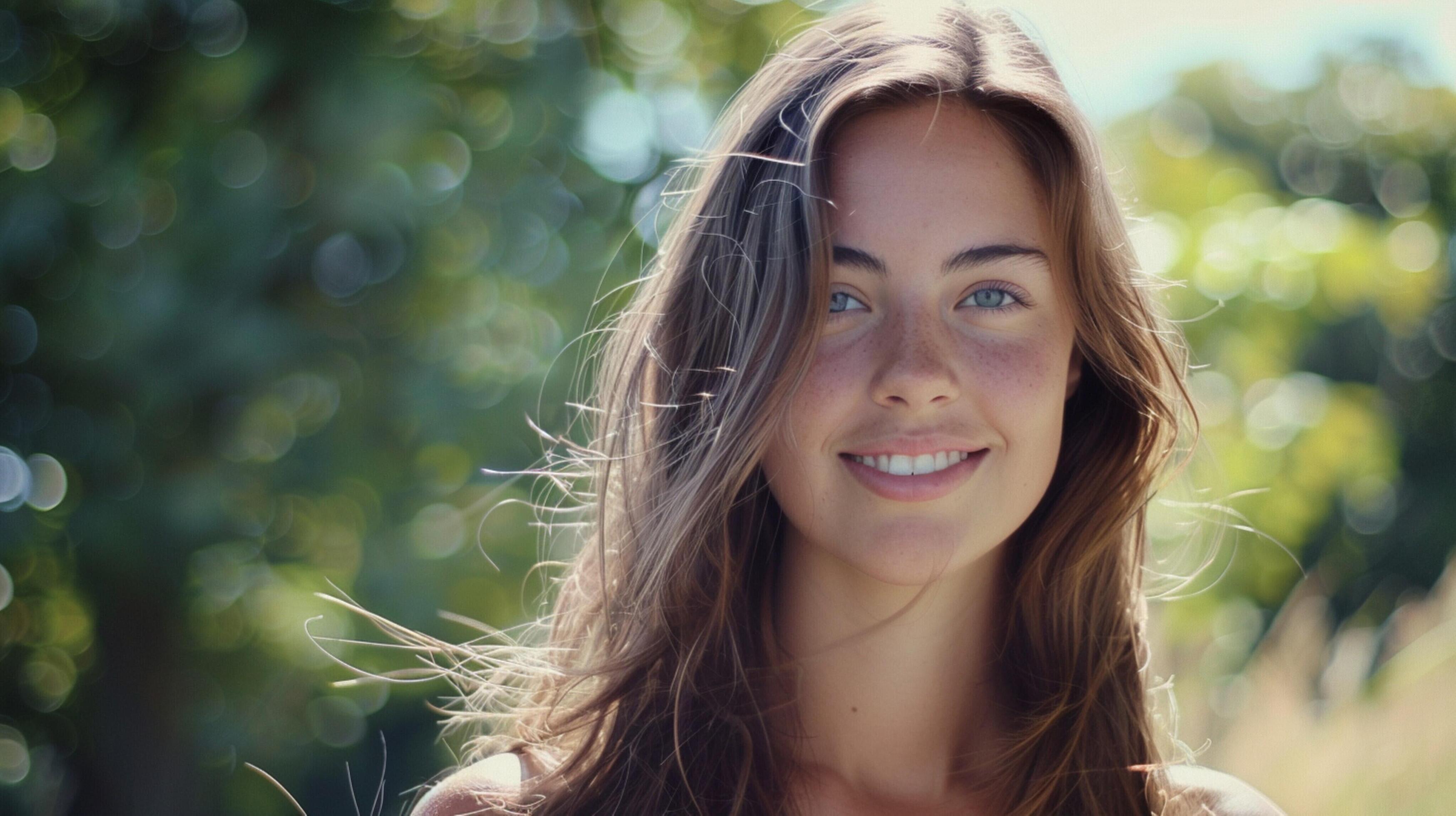 young woman with long brown hair smiling Stock Free