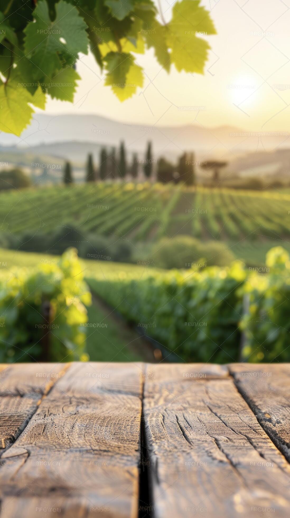 Wooden table top with blurred background of vineyard in Tuscany, Italy. beautiful landscape with green hills and cypress trees at sunset. Stock Free