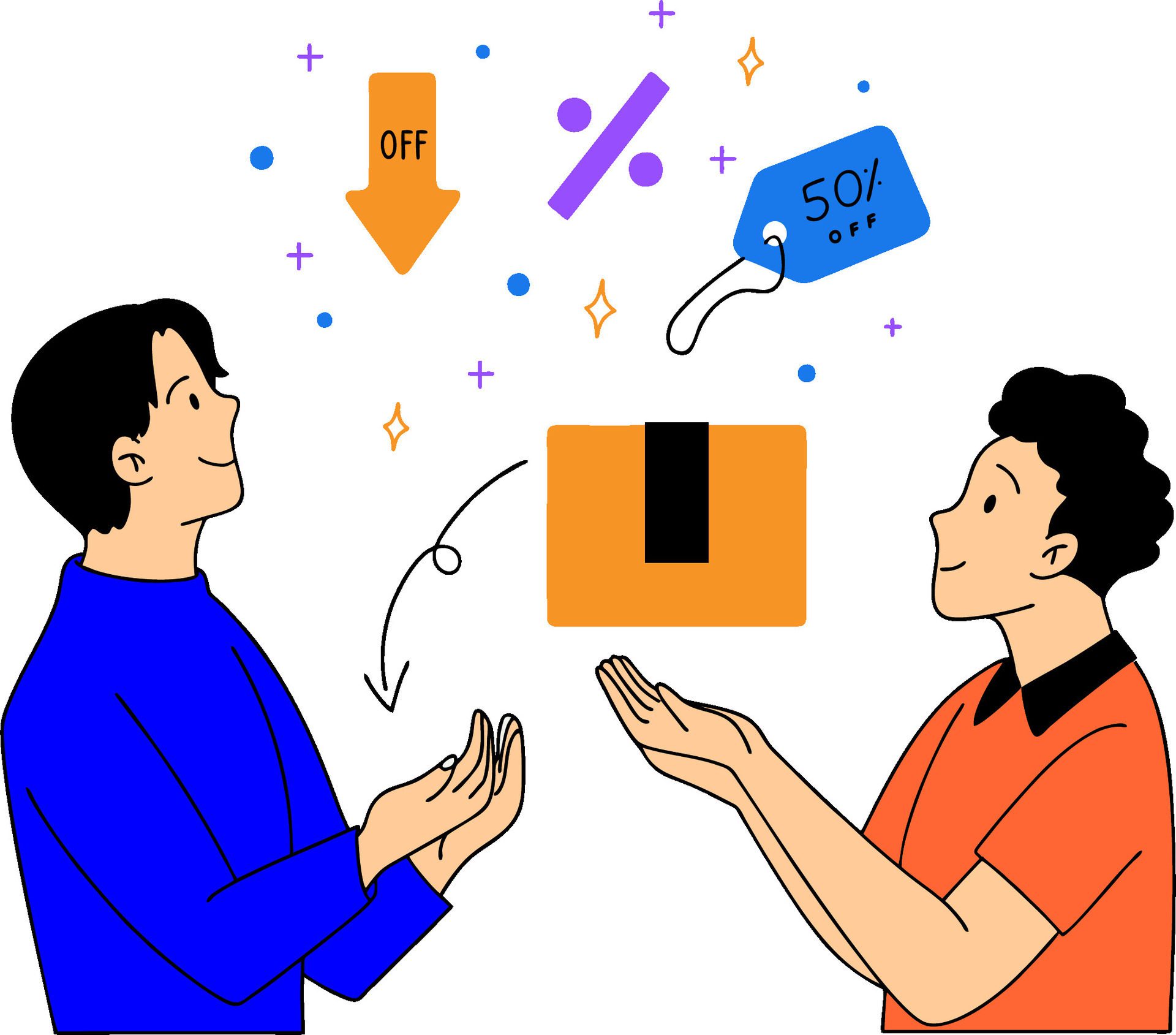 two people are holding a box with a price tag on it Free Vector