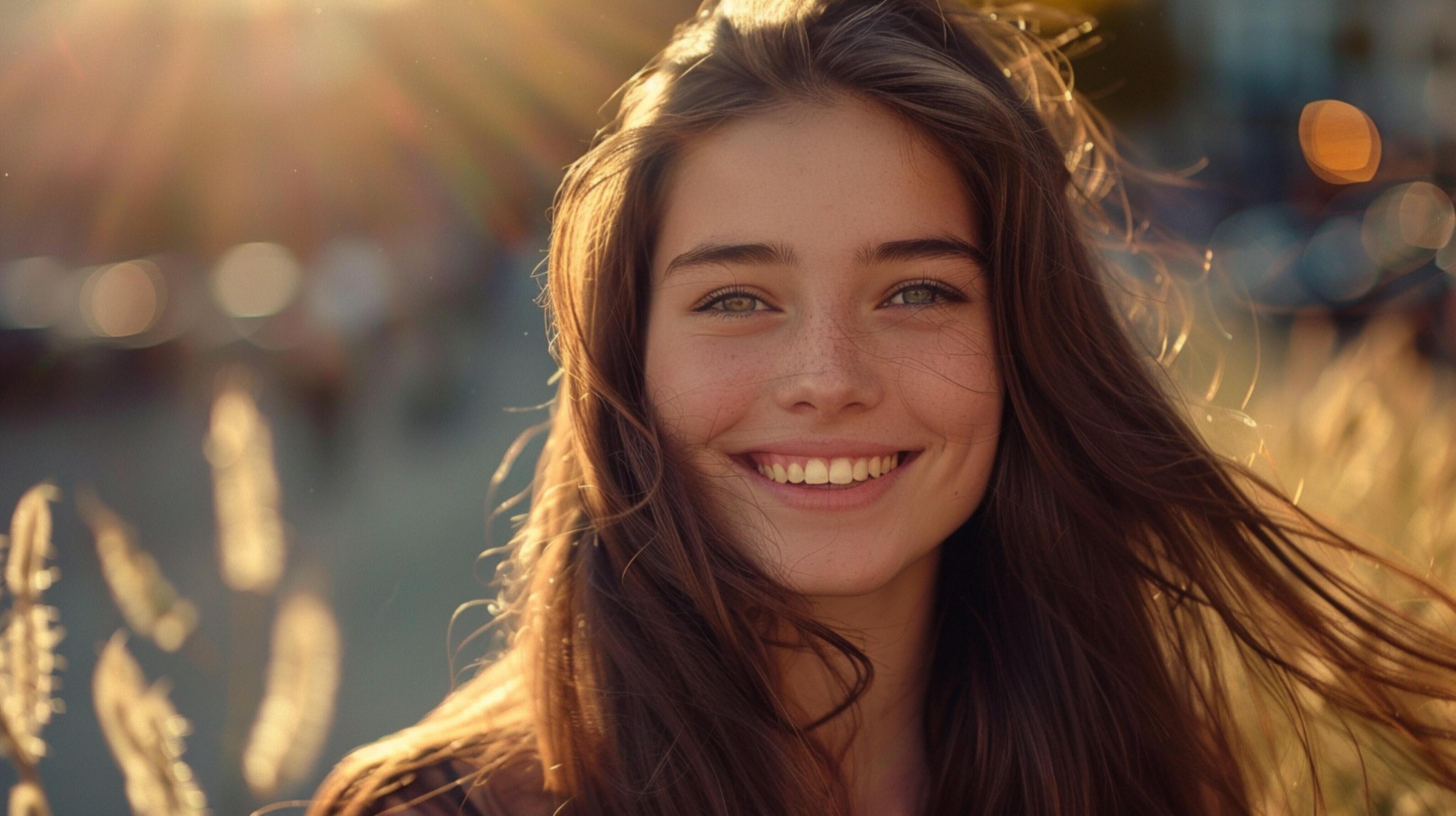 young woman with long brown hair smiling Stock Free