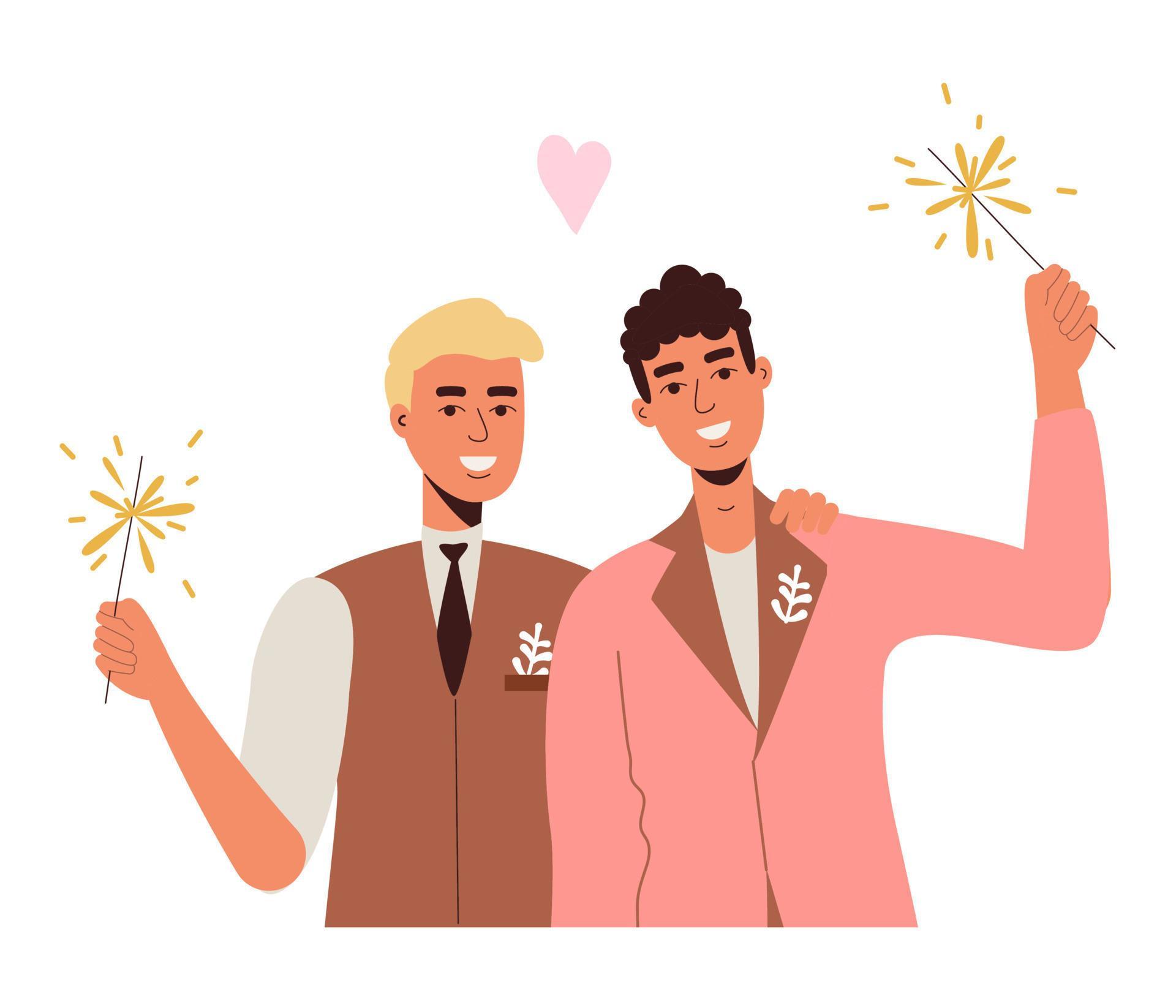 Two gay lovers. LGBT wedding. Beautiful guys with flowers with sparklers in tuxedos Stock Free