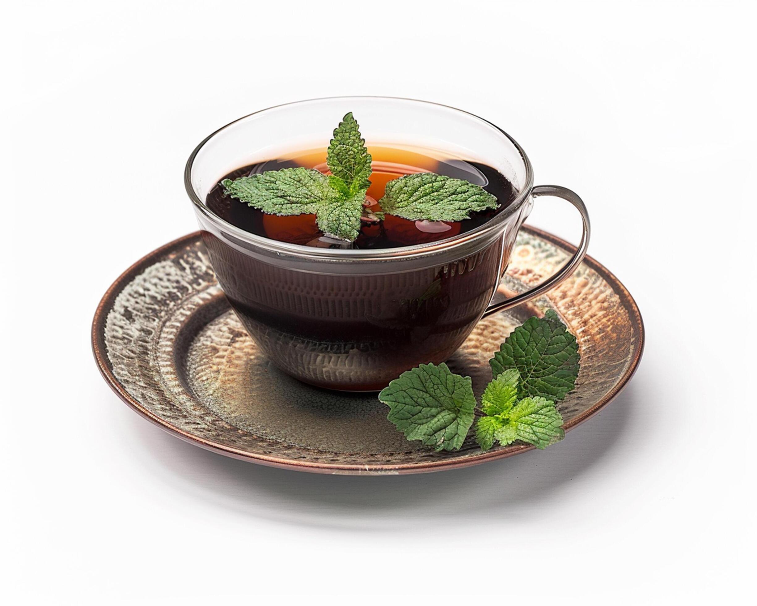 a cup of tea with mint leaves on top Stock Free