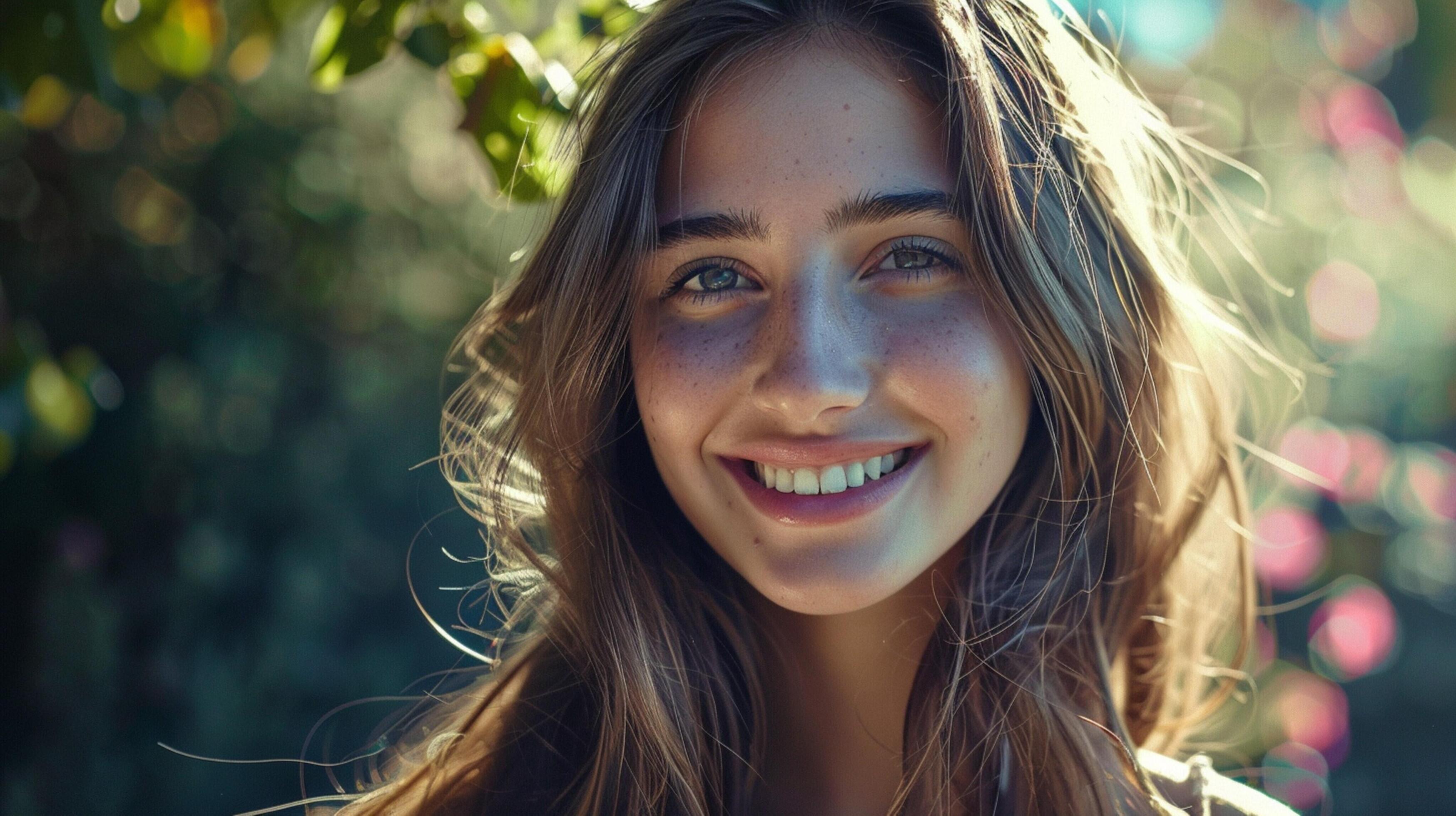 young woman with long brown hair smiling Stock Free