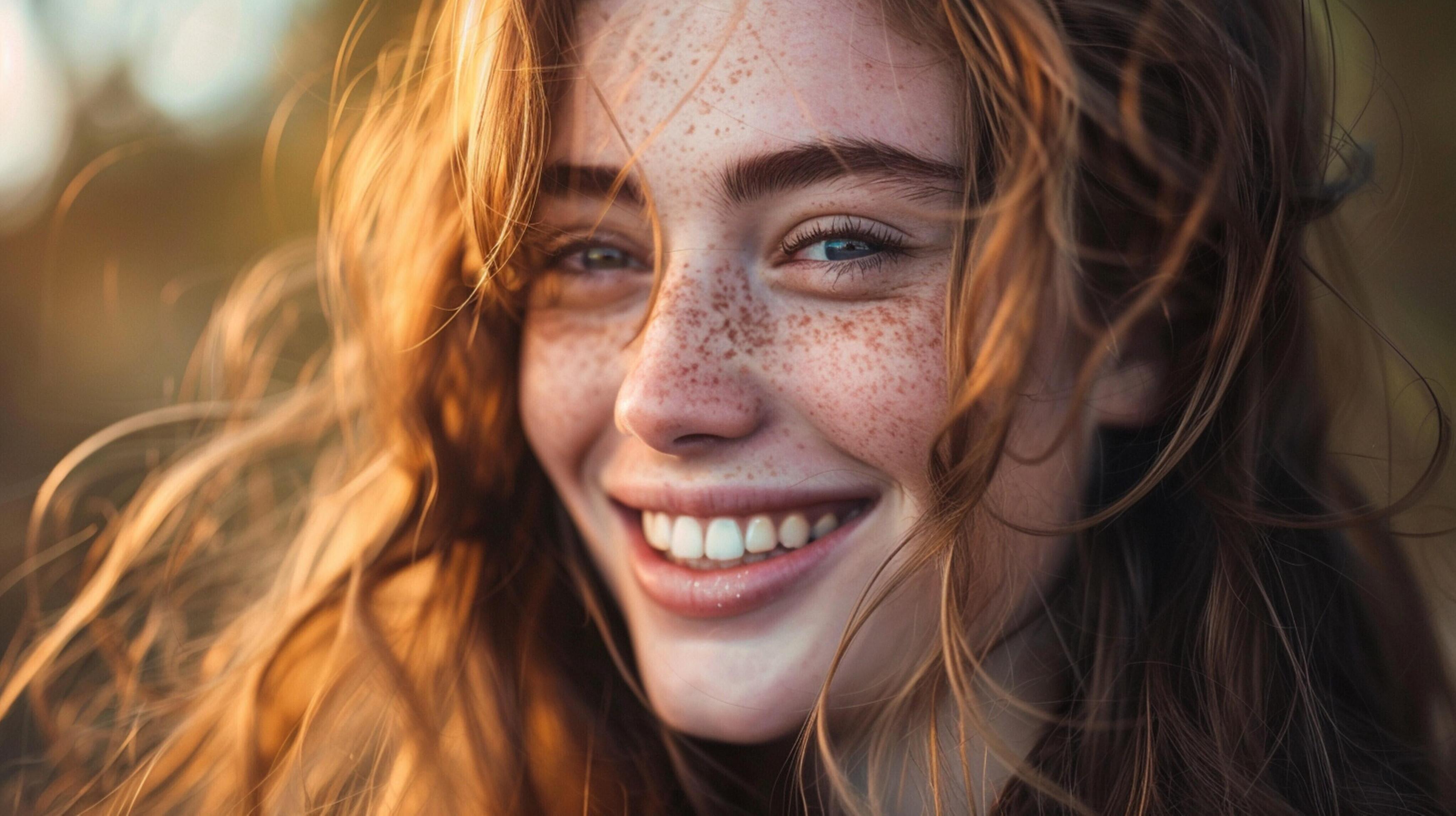 young woman with long brown hair smiling Stock Free