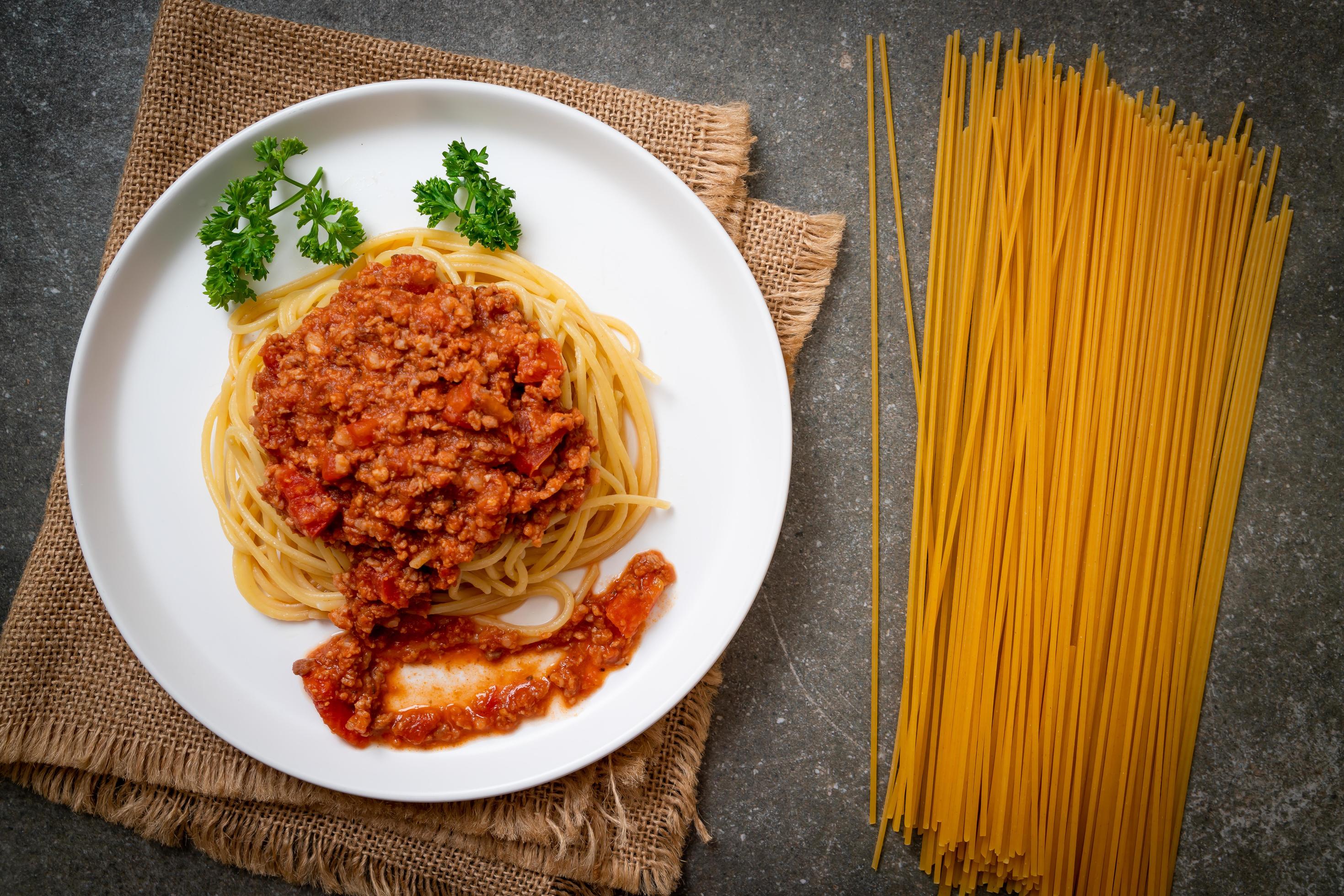 Spaghetti bolognese pork or spaghetti with minced pork tomato sauce – Italian food style Stock Free