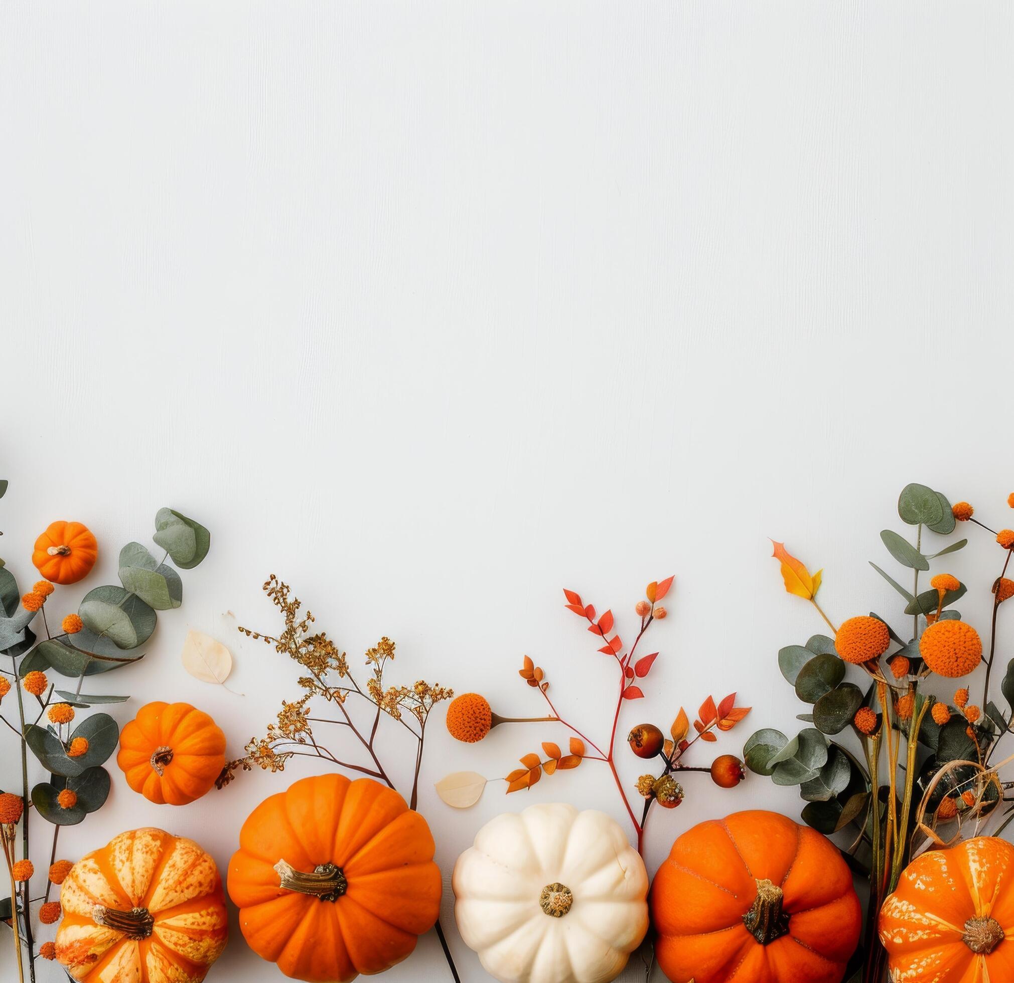 Autumnal Pumpkins and Leaves on White Background Stock Free