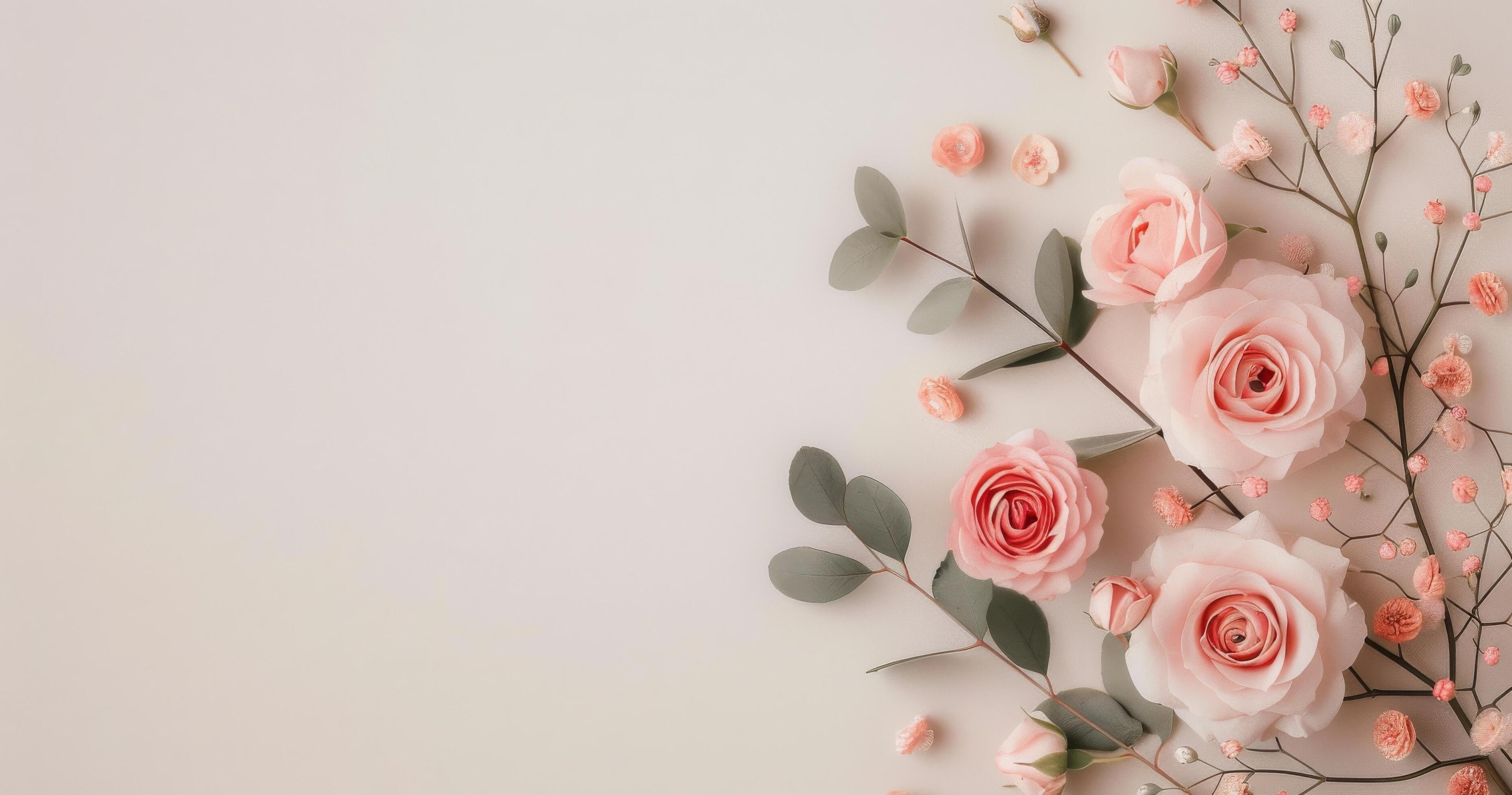 Pink Roses and Greenery on White Background Stock Free