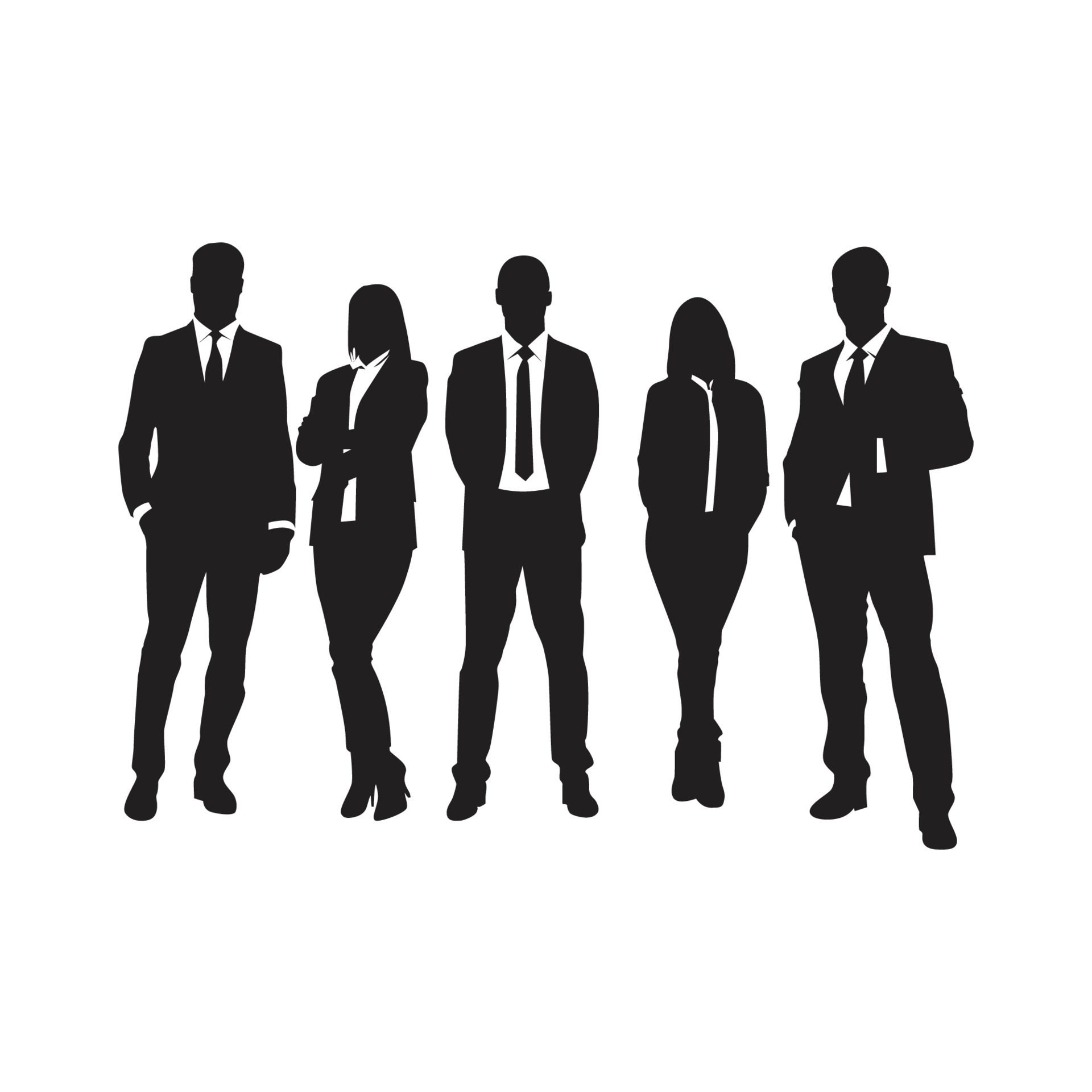 Set of vector silhouettes of men and women, group of business people standing, black color isolated on white background Free Vector