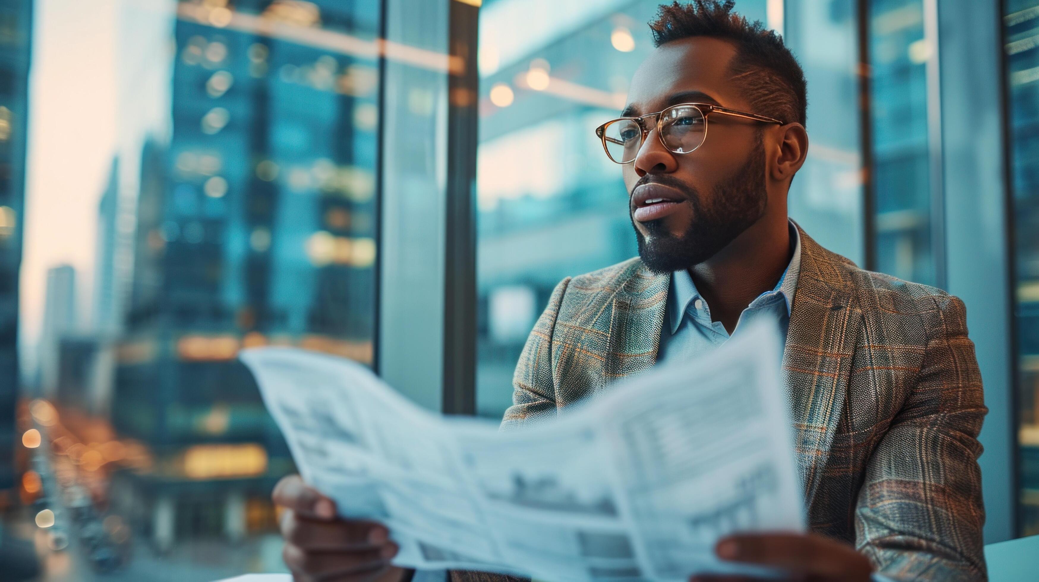 AI generated Suave entrepreneur strategizing in a high-rise office, mapping out international business ventures Stock Free