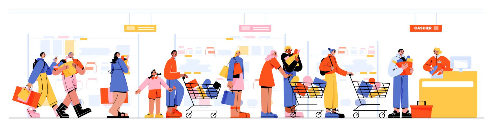 People queue in supermarket, customers with goods Free Vector