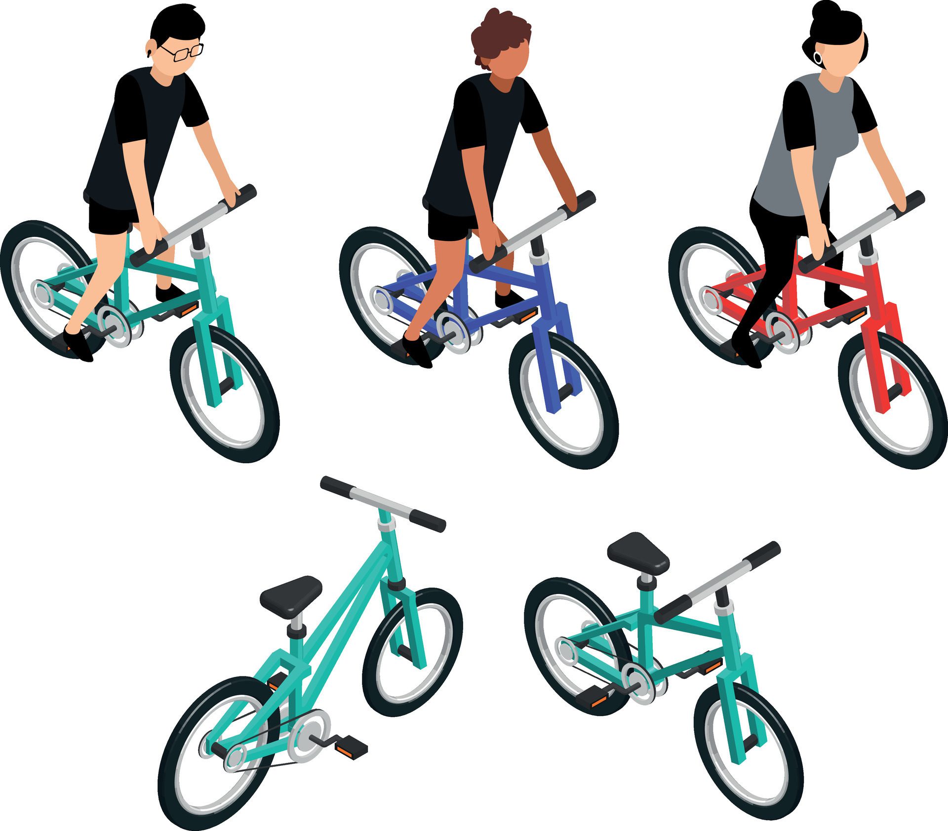 Isometric Bike People Riding Bicycles Free Vector